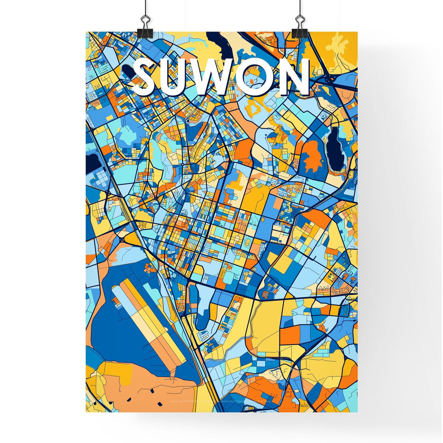 SUWON SOUTH KOREA Vibrant Colorful Art Map Poster Blue Orange