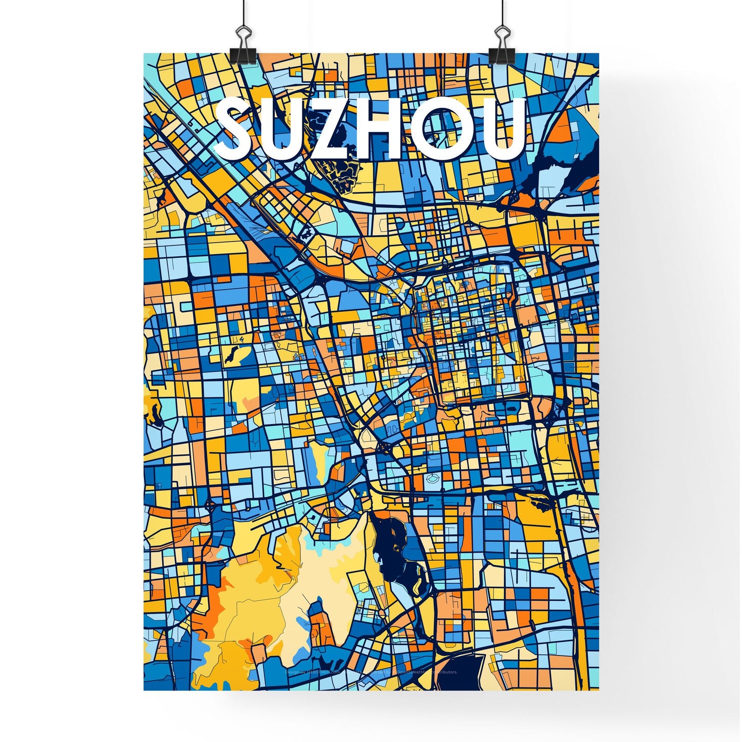 SUZHOU CHINA Vibrant Colorful Art Map Poster Blue Orange