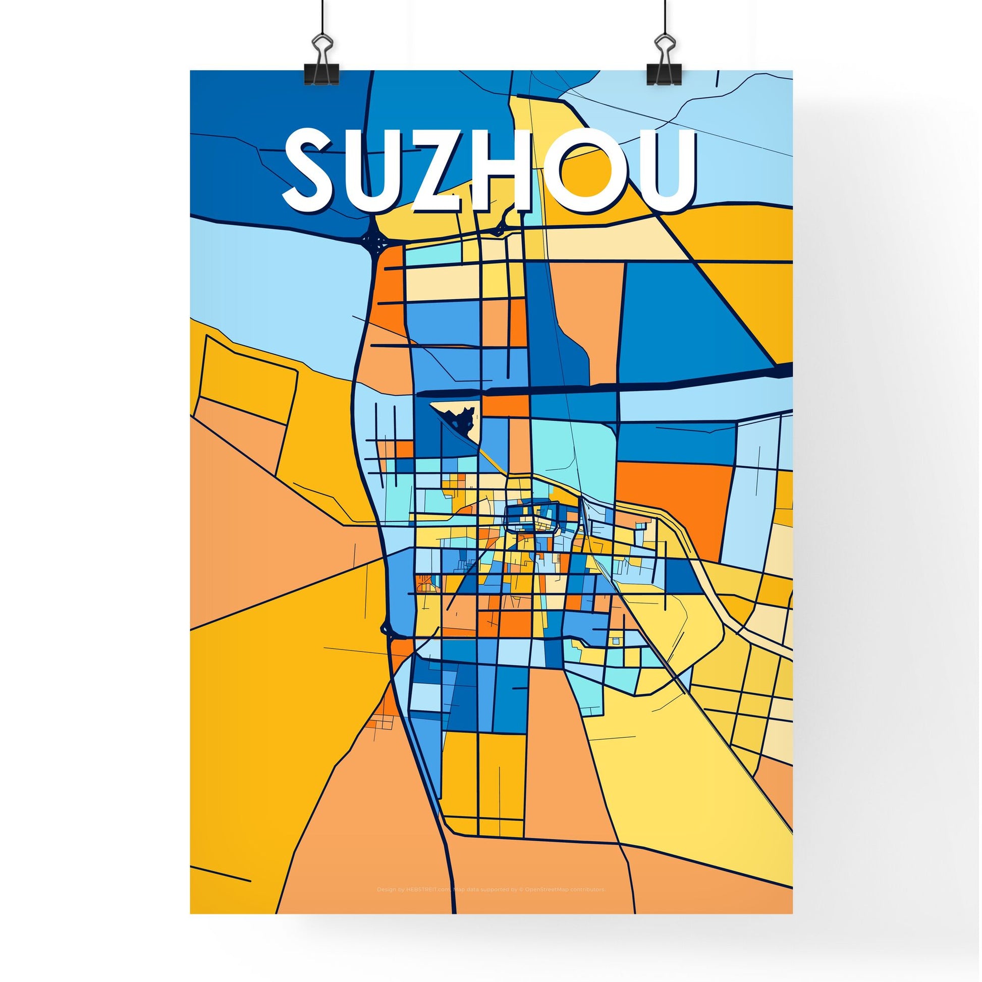 SUZHOU CHINA Vibrant Colorful Art Map Poster Blue Orange