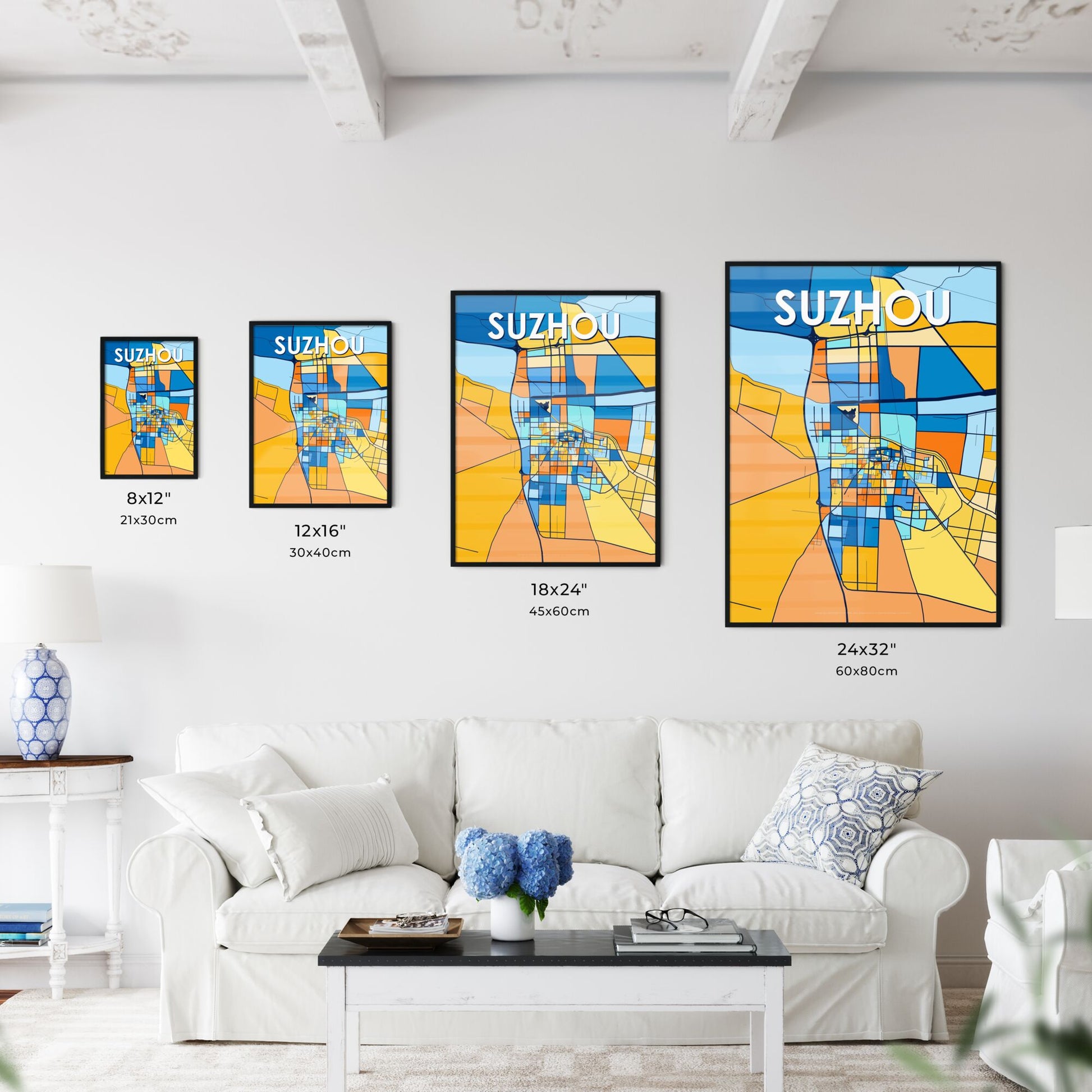 SUZHOU CHINA Vibrant Colorful Art Map Poster Blue Orange