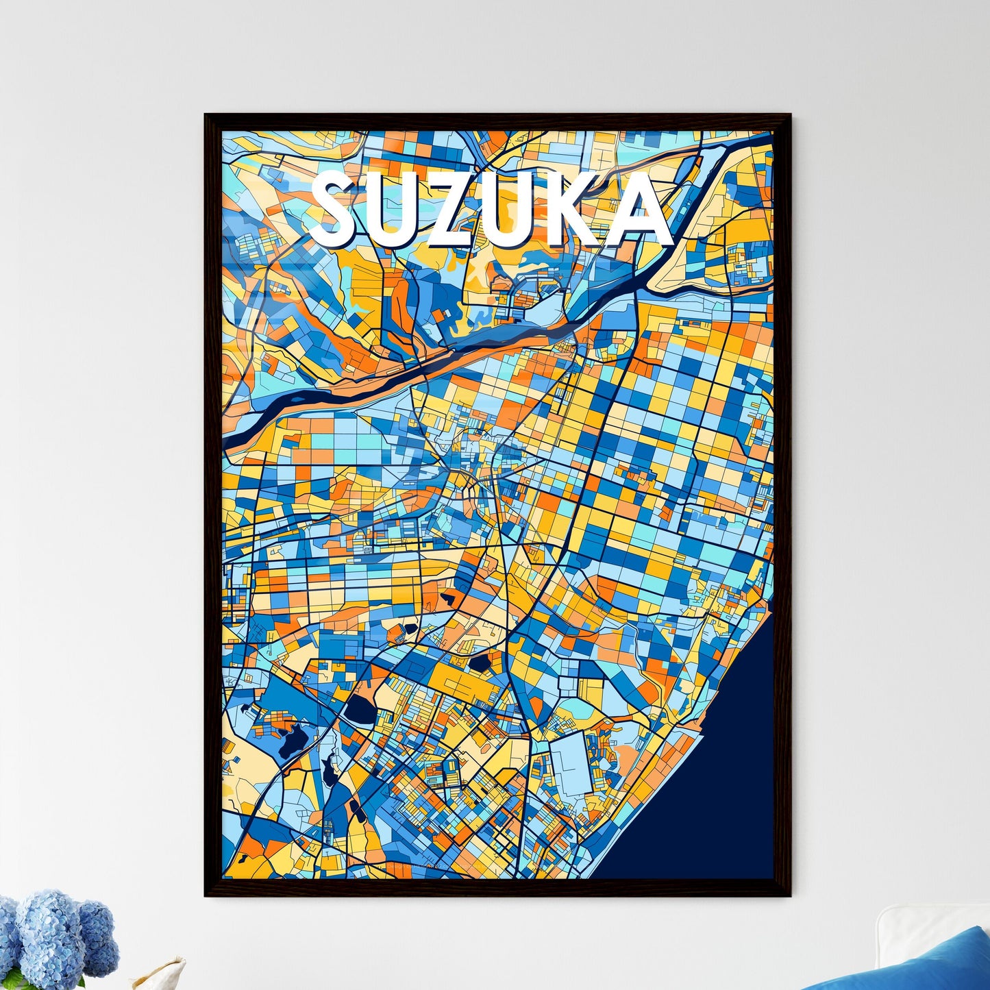 SUZUKA JAPAN Vibrant Colorful Art Map Poster Blue Orange