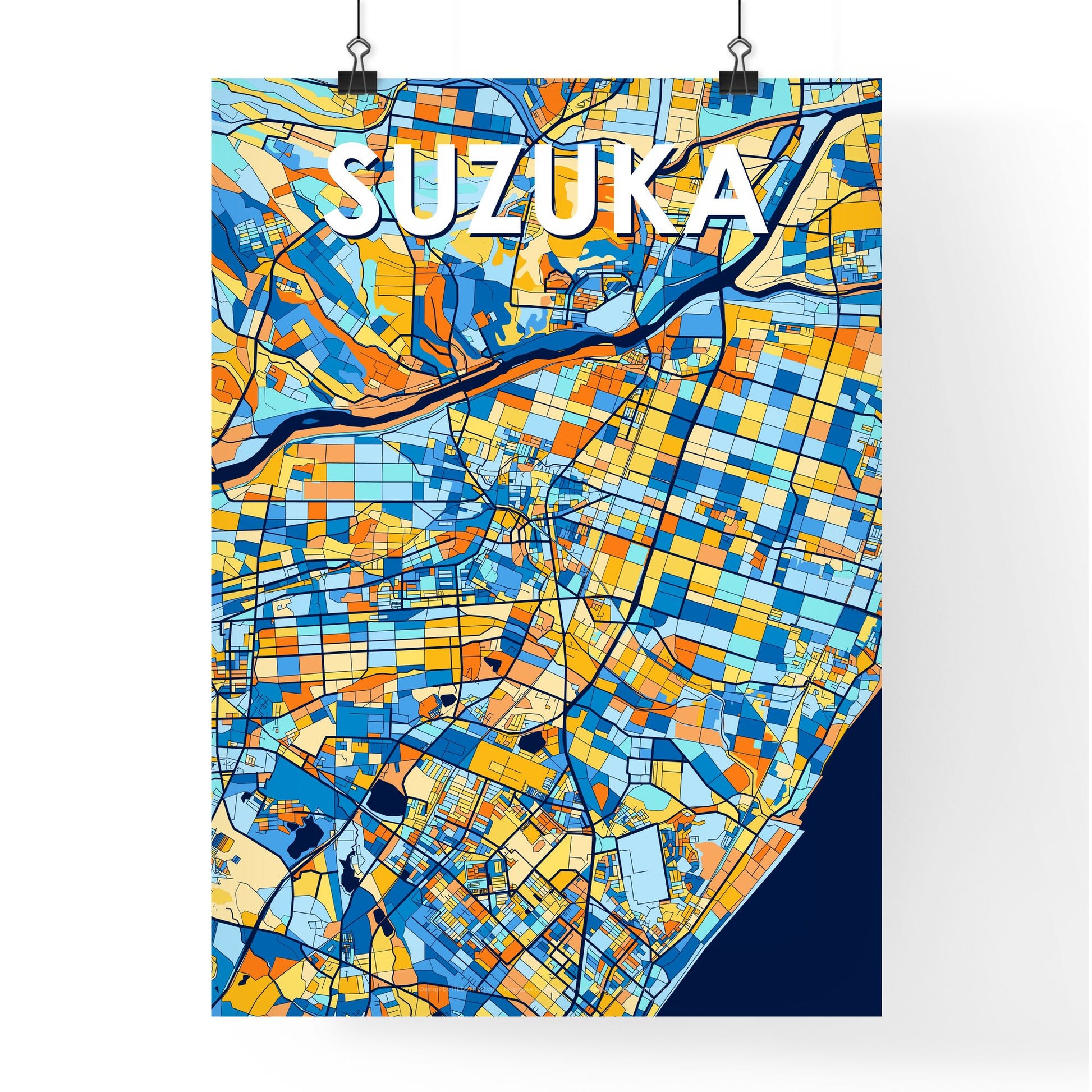 SUZUKA JAPAN Vibrant Colorful Art Map Poster Blue Orange