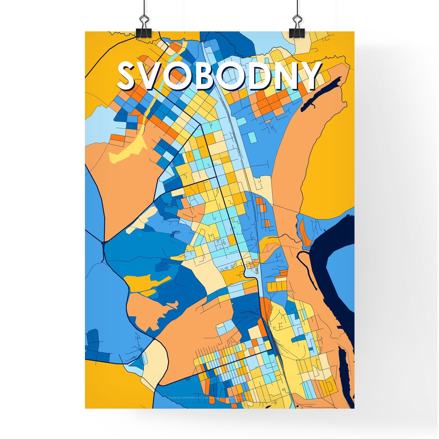 SVOBODNY RUSSIA Vibrant Colorful Art Map Poster Blue Orange