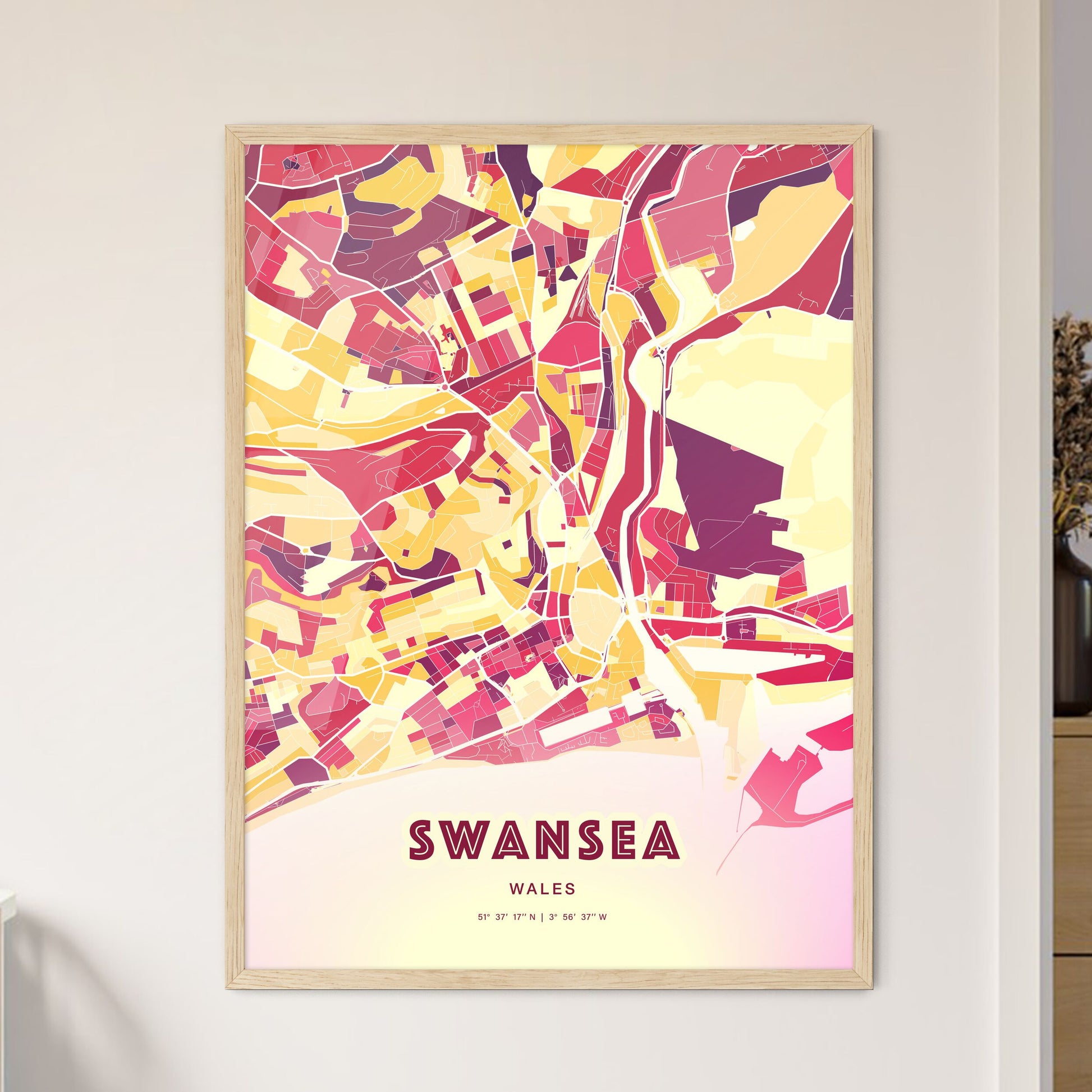 Colorful Swansea Wales Fine Art Map Hot Red