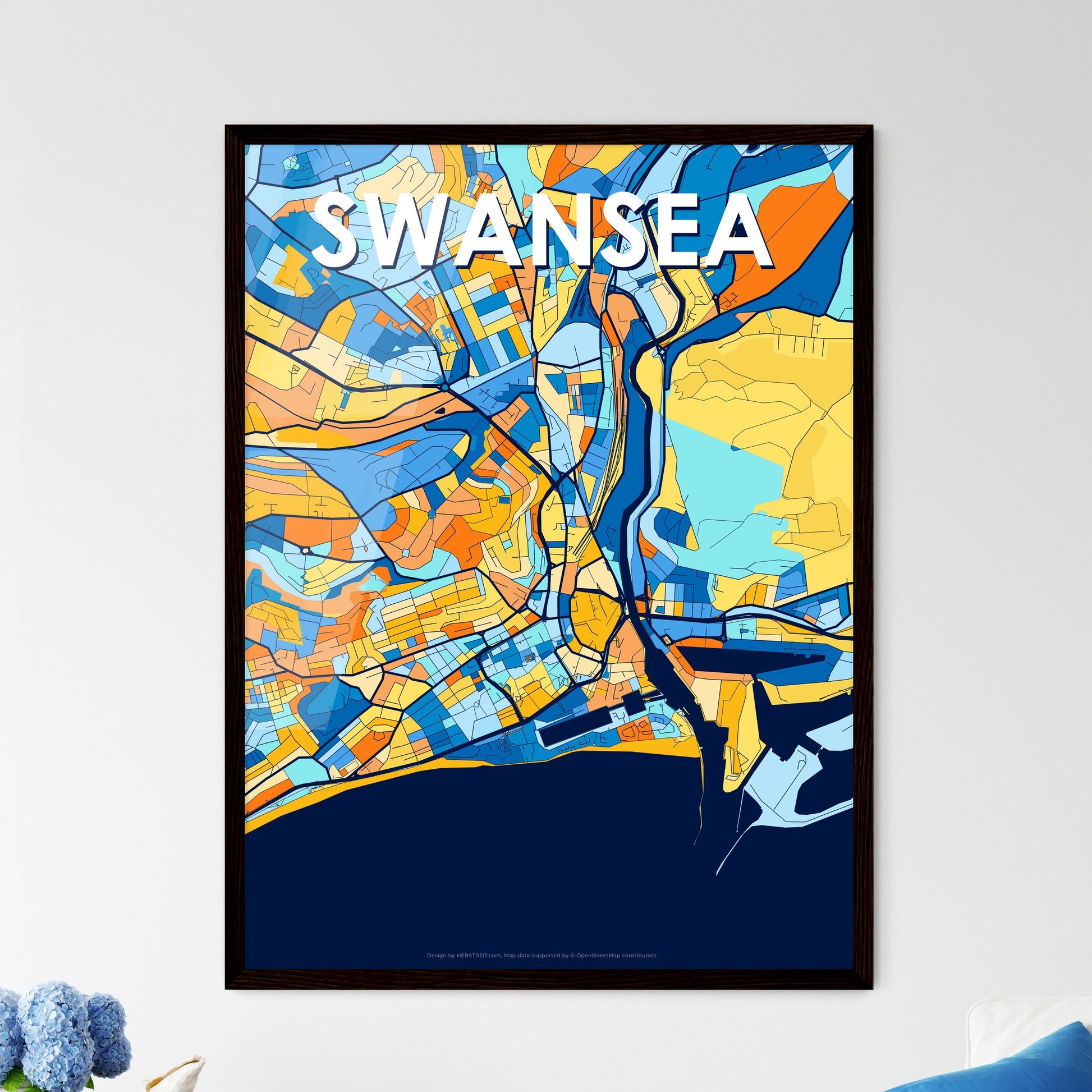 SWANSEA WALES Vibrant Colorful Art Map Poster Blue Orange