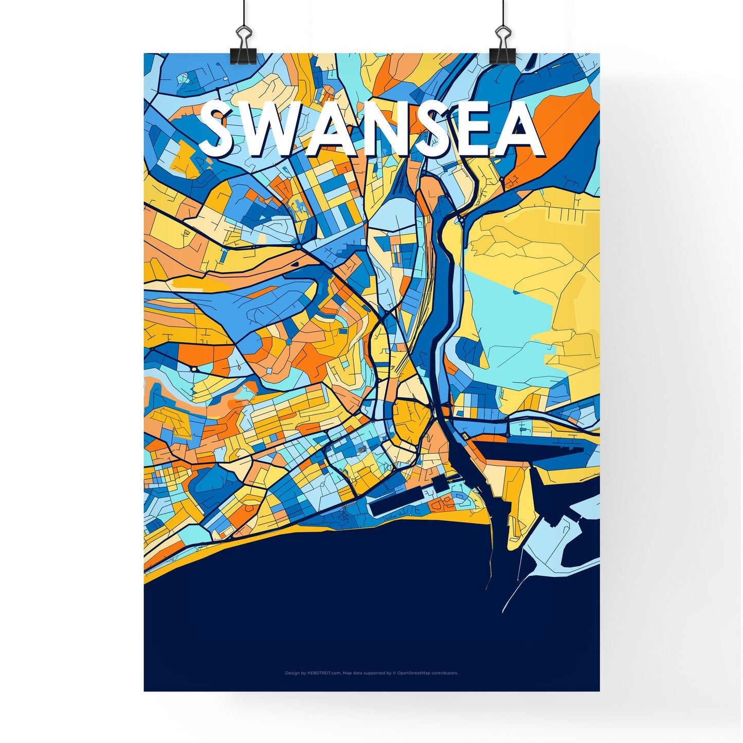 SWANSEA WALES Vibrant Colorful Art Map Poster Blue Orange