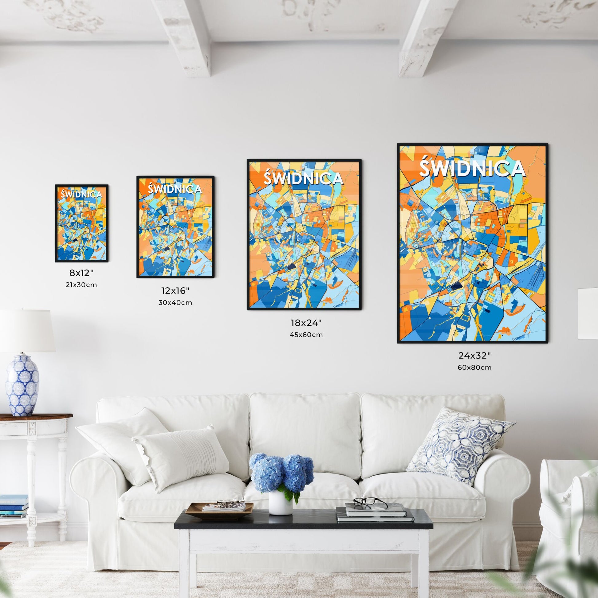 ŚWIDNICA POLAND Vibrant Colorful Art Map Poster Blue Orange