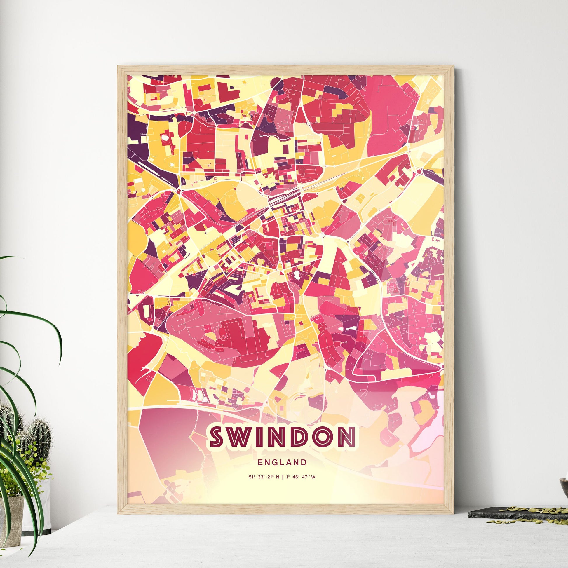 Colorful Swindon England Fine Art Map Hot Red