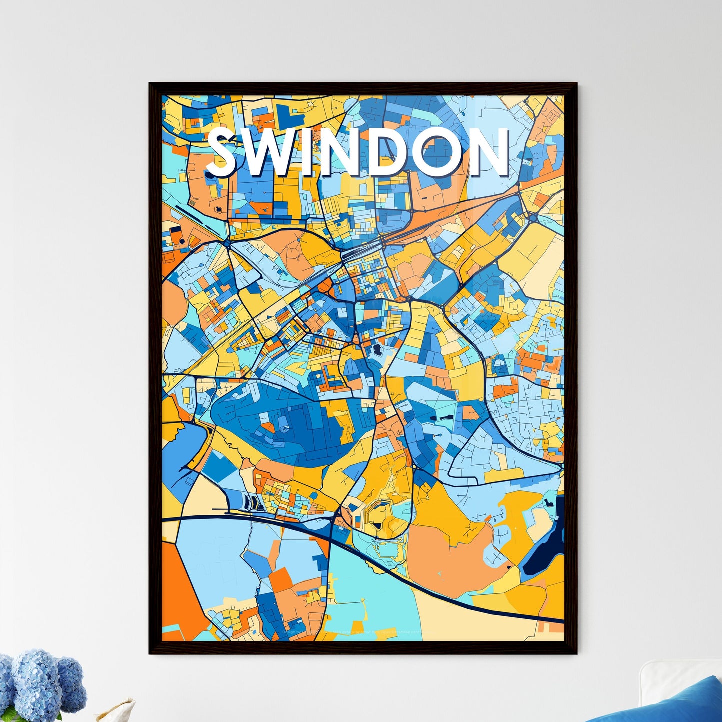 SWINDON ENGLAND Vibrant Colorful Art Map Poster Blue Orange