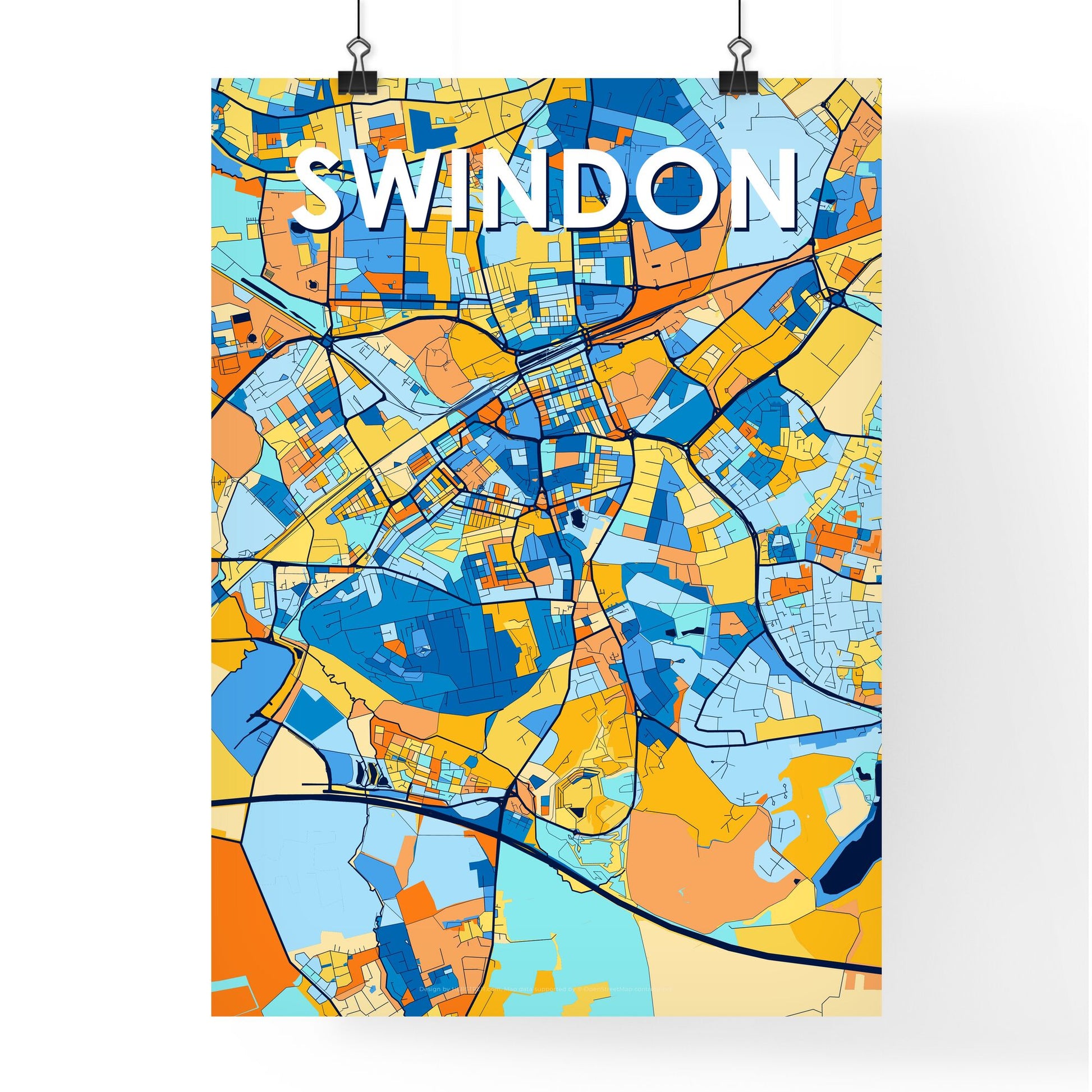 SWINDON ENGLAND Vibrant Colorful Art Map Poster Blue Orange