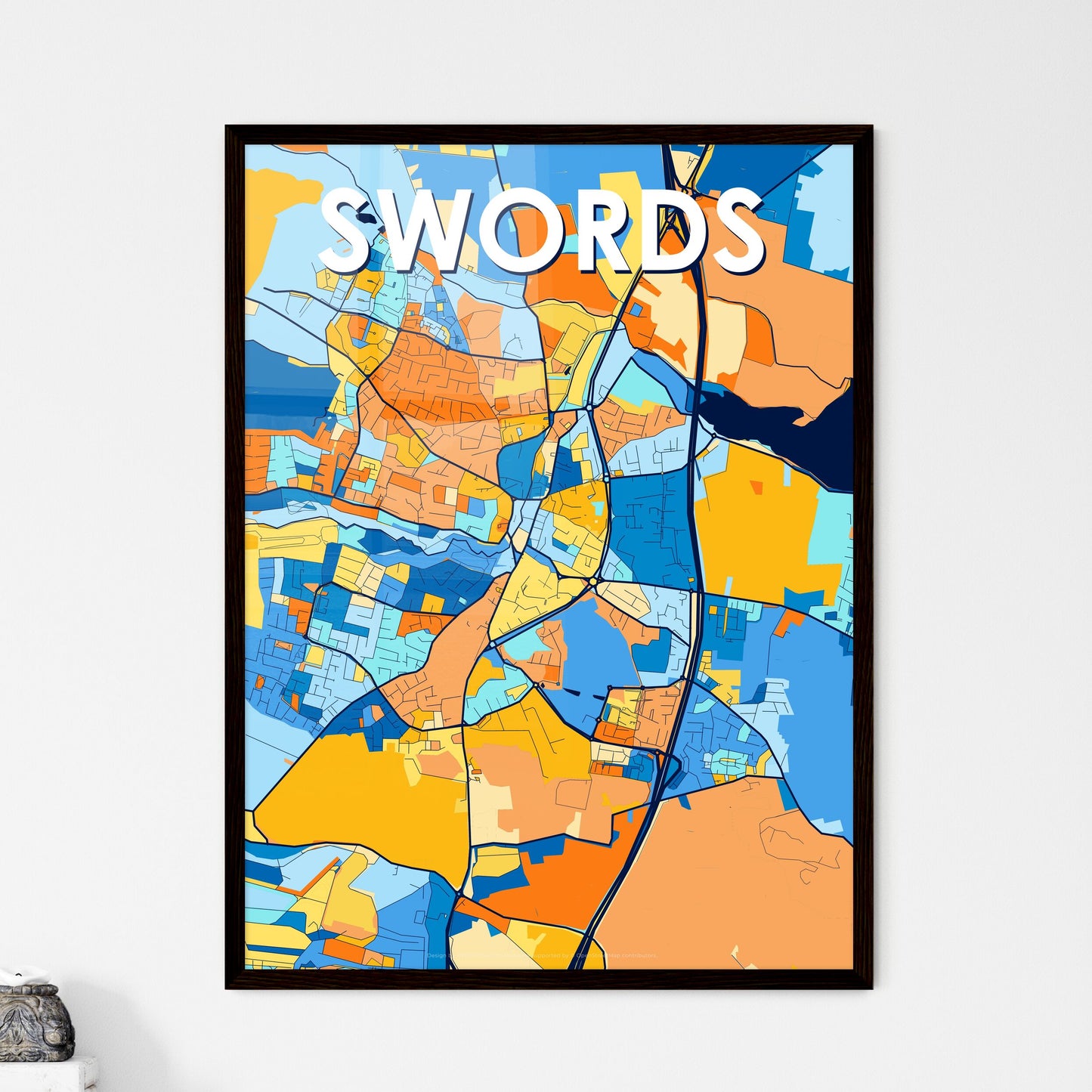 SWORDS IRELAND Vibrant Colorful Art Map Poster Blue Orange