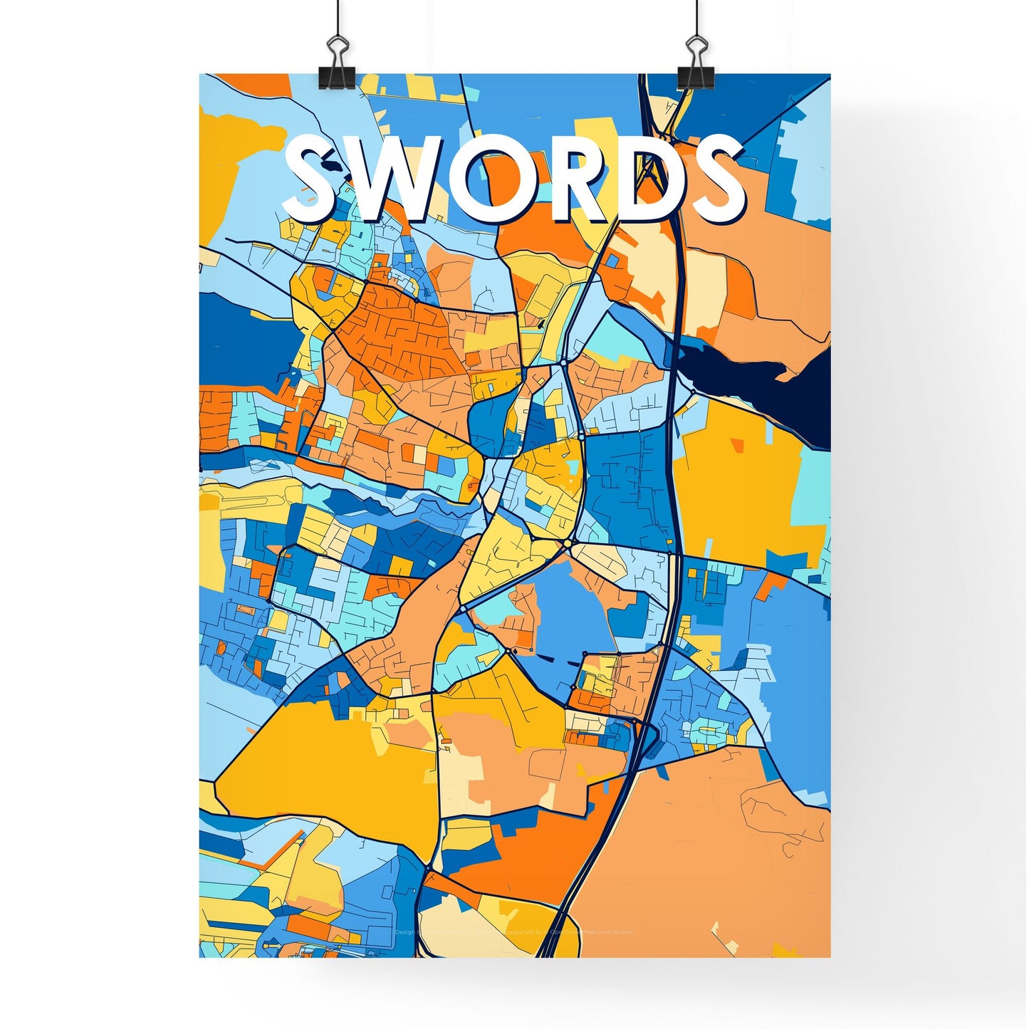 SWORDS IRELAND Vibrant Colorful Art Map Poster Blue Orange