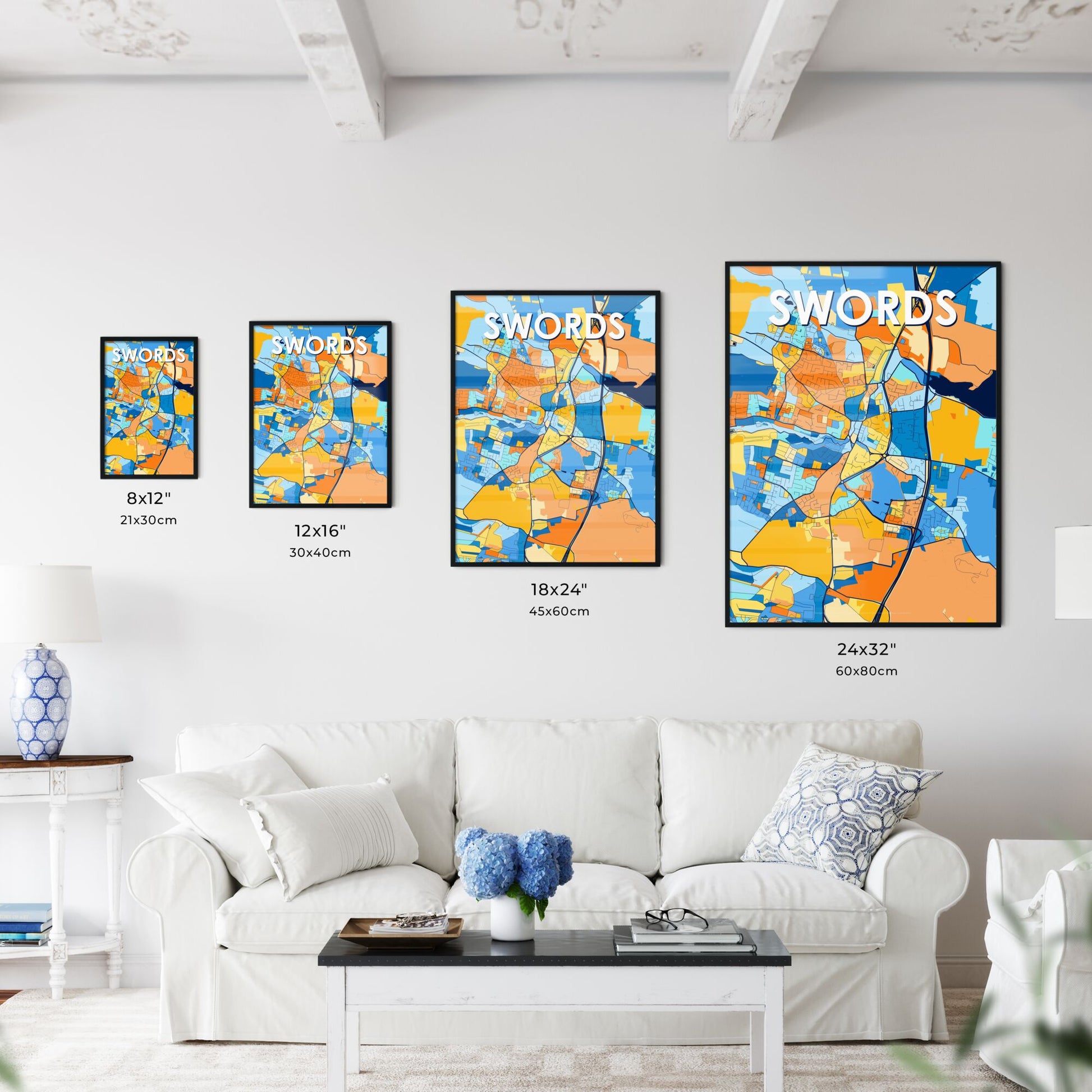 SWORDS IRELAND Vibrant Colorful Art Map Poster Blue Orange