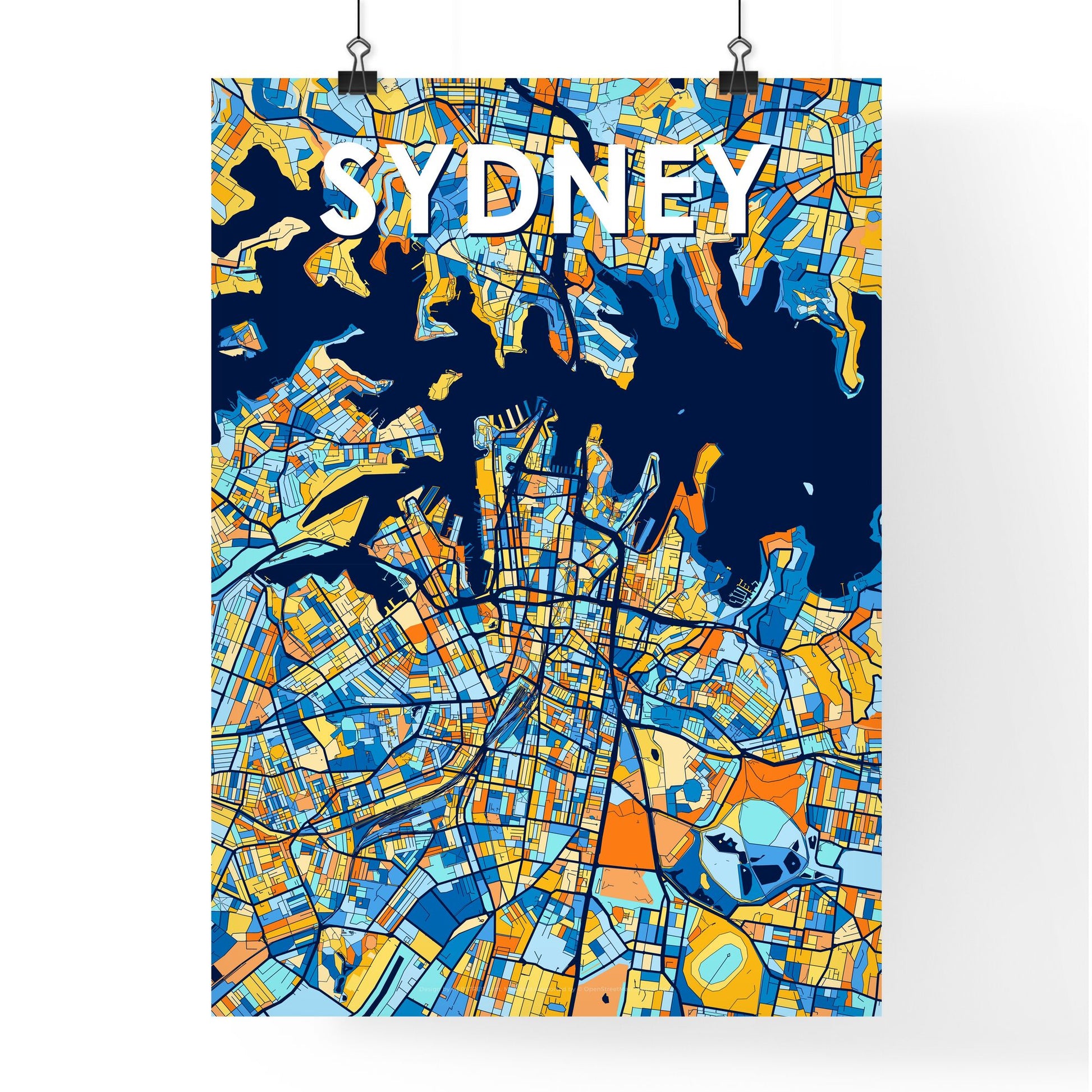 SYDNEY AUSTRALIA Vibrant Colorful Art Map Poster Blue Orange