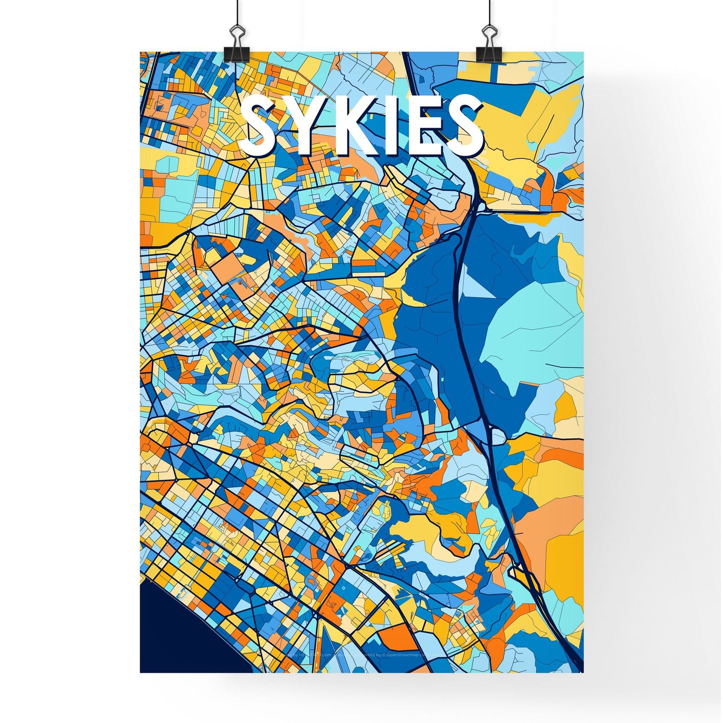 SYKIES GREECE Vibrant Colorful Art Map Poster Blue Orange