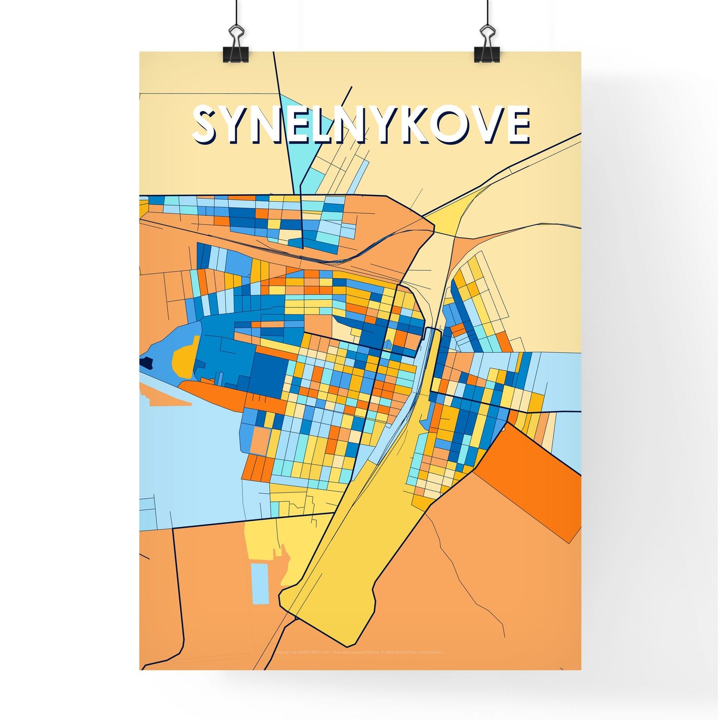 SYNELNYKOVE UKRAINE Vibrant Colorful Art Map Poster Blue Orange