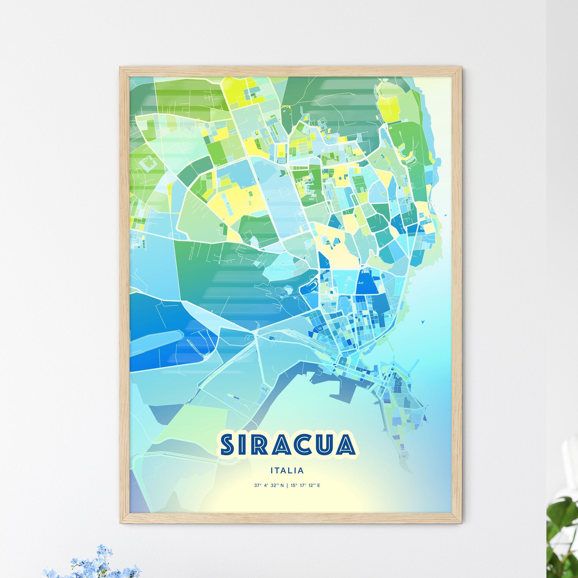Colorful Syracuse Italy Fine Art Map Cool Blue