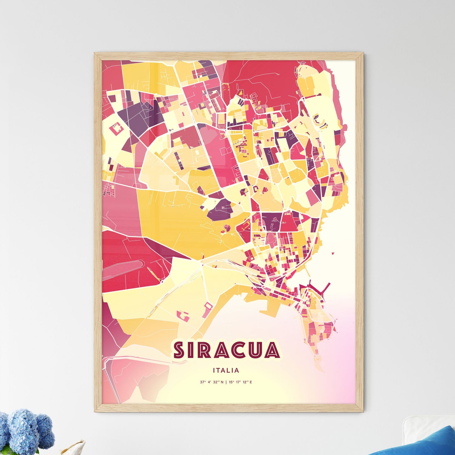 Colorful Syracuse Italy Fine Art Map Hot Red