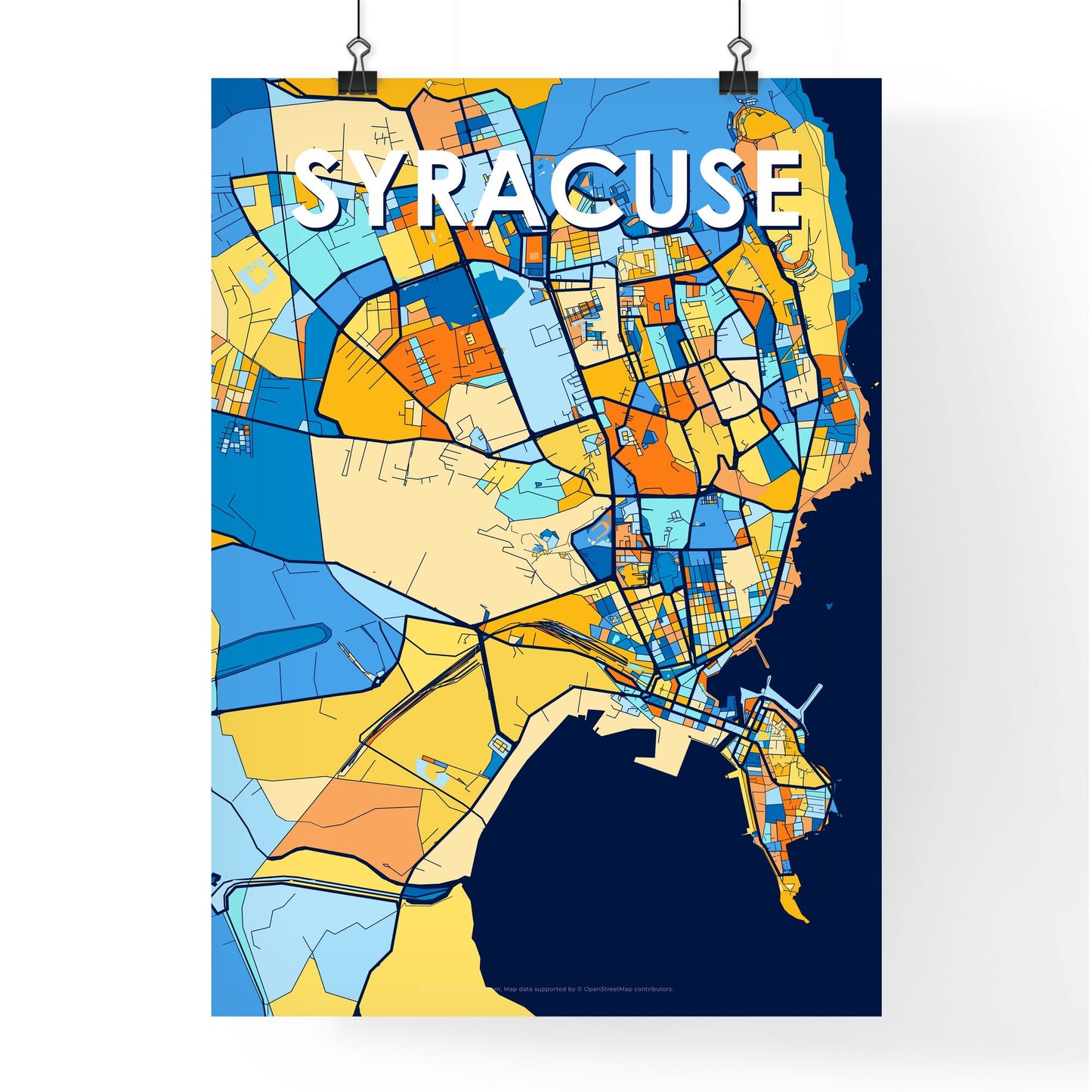 SYRACUSE ITALY Vibrant Colorful Art Map Poster Blue Orange