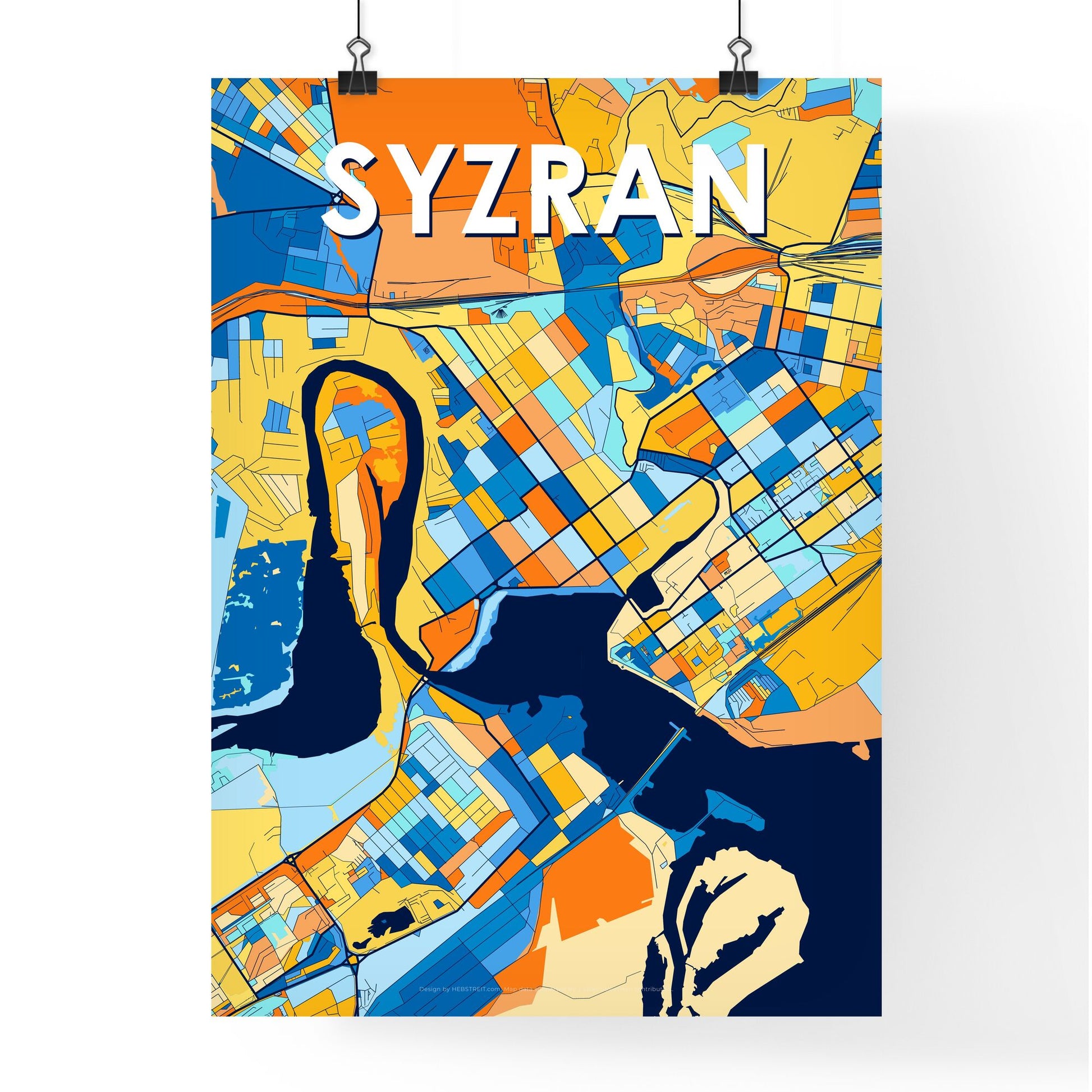 SYZRAN RUSSIA Vibrant Colorful Art Map Poster Blue Orange