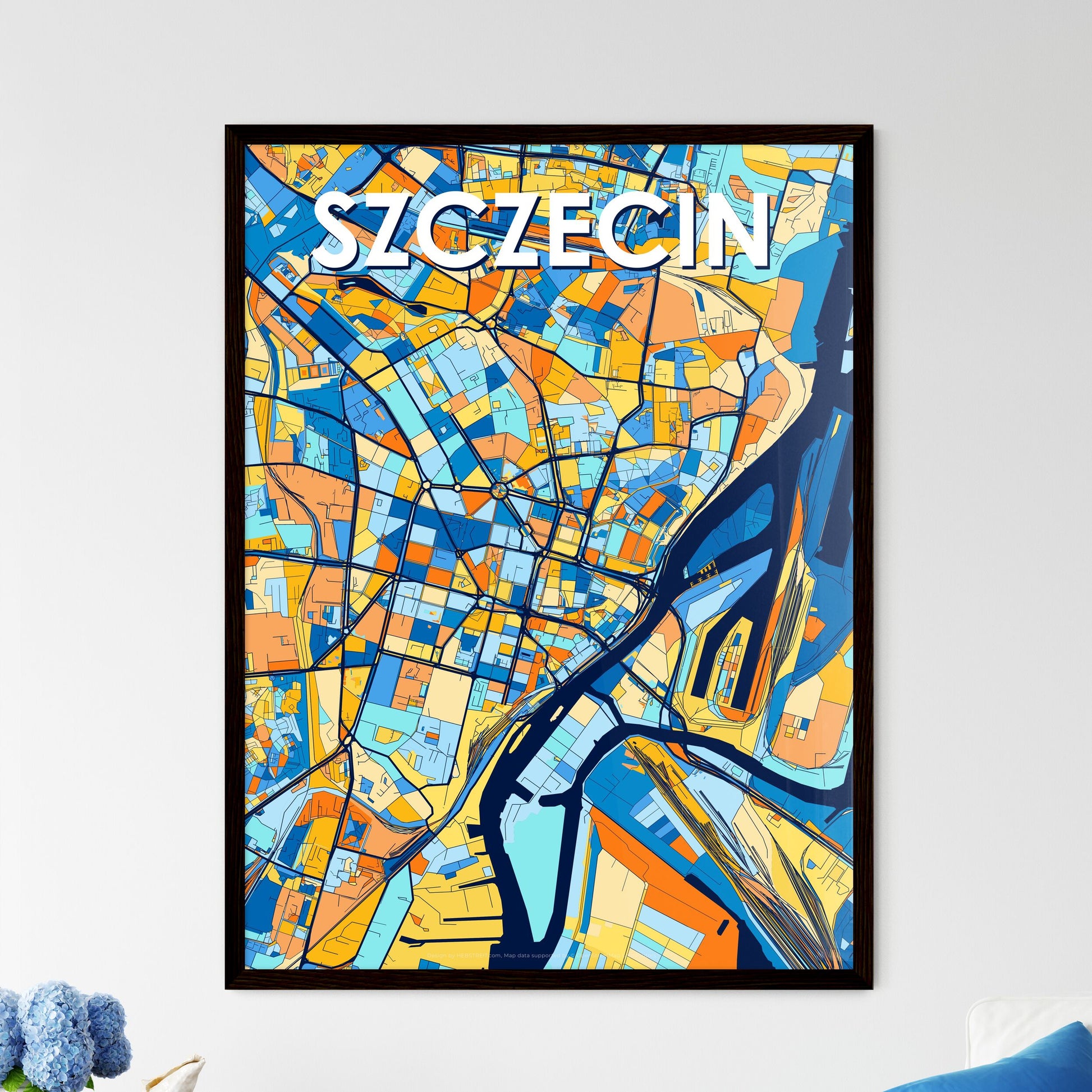 SZCZECIN POLAND Vibrant Colorful Art Map Poster Blue Orange