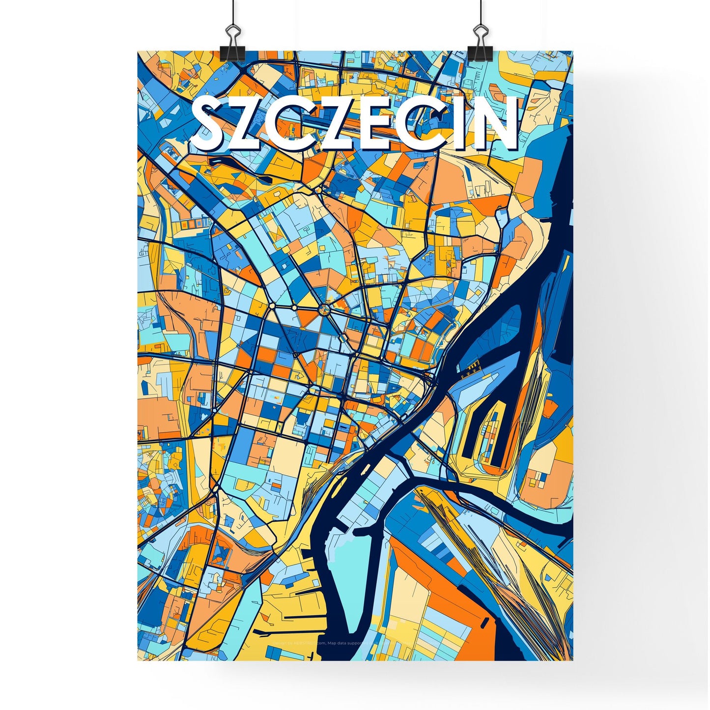 SZCZECIN POLAND Vibrant Colorful Art Map Poster Blue Orange