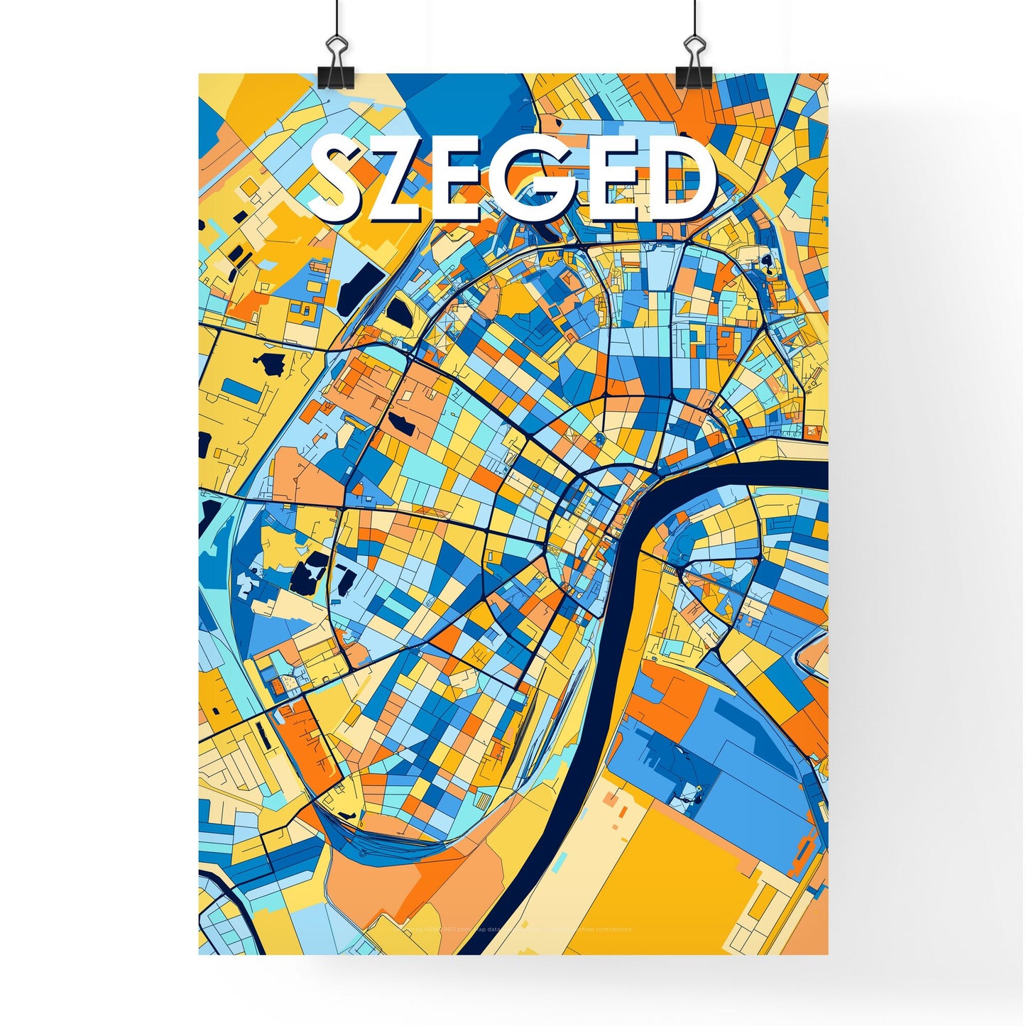 SZEGED HUNGARY Vibrant Colorful Art Map Poster Blue Orange