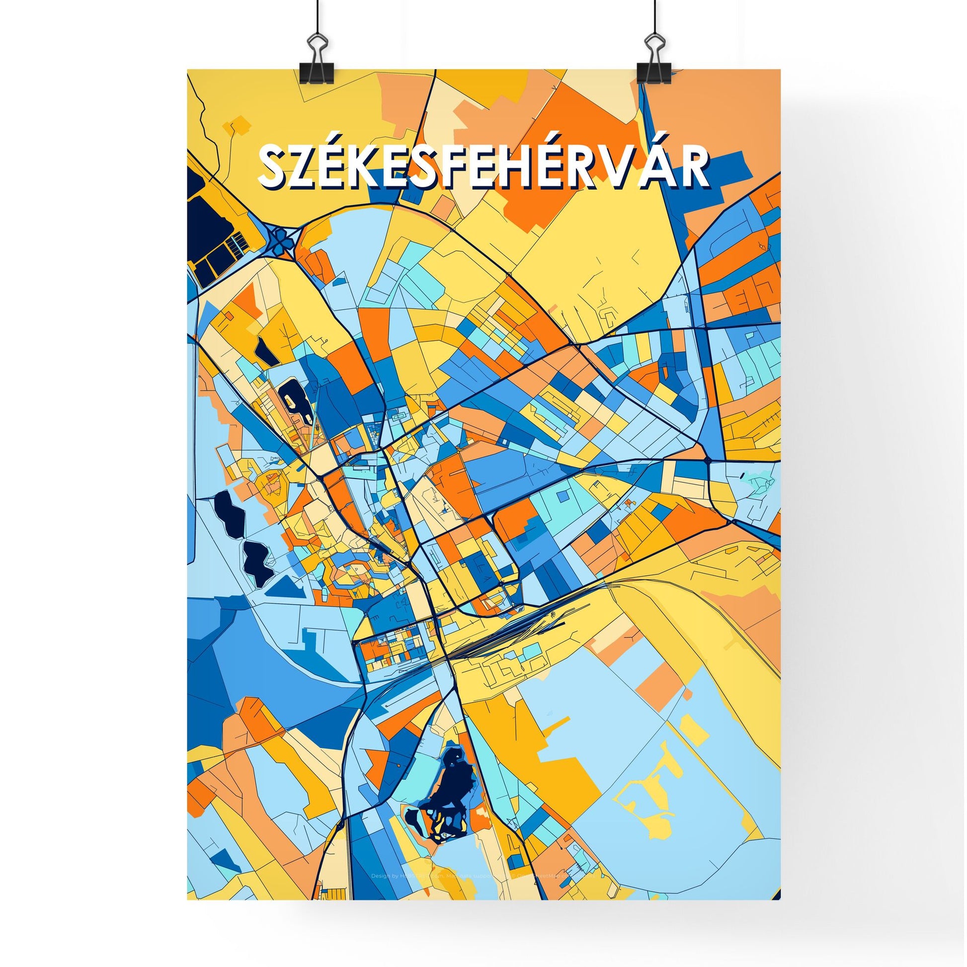 SZÉKESFEHÉRVÁR HUNGARY Vibrant Colorful Art Map Poster Blue Orange