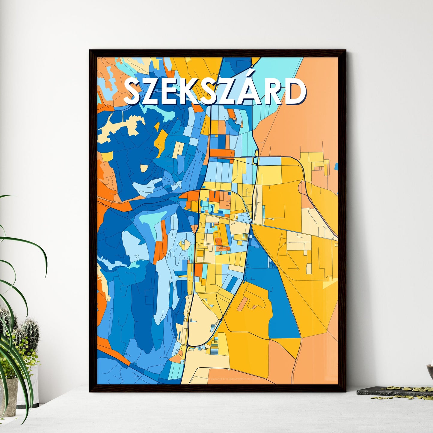 SZEKSZÁRD HUNGARY Vibrant Colorful Art Map Poster Blue Orange