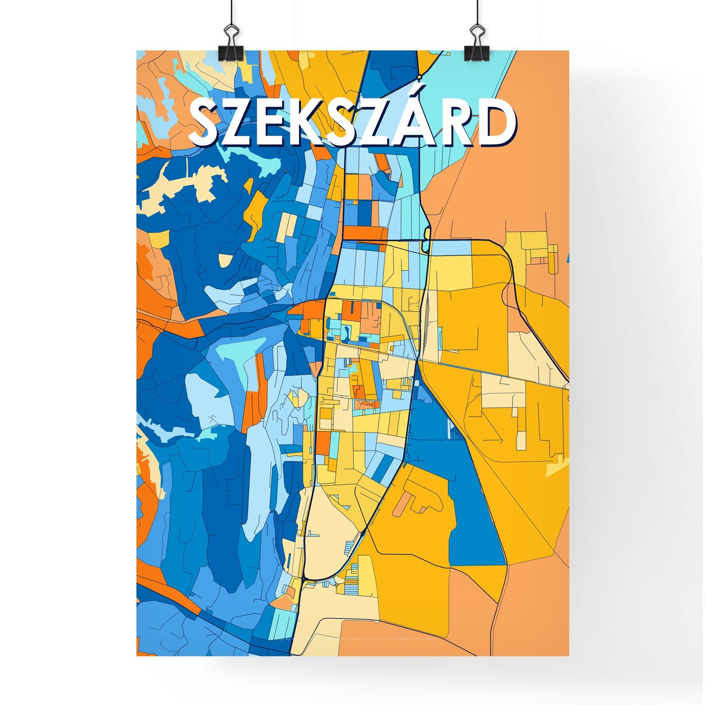 SZEKSZÁRD HUNGARY Vibrant Colorful Art Map Poster Blue Orange