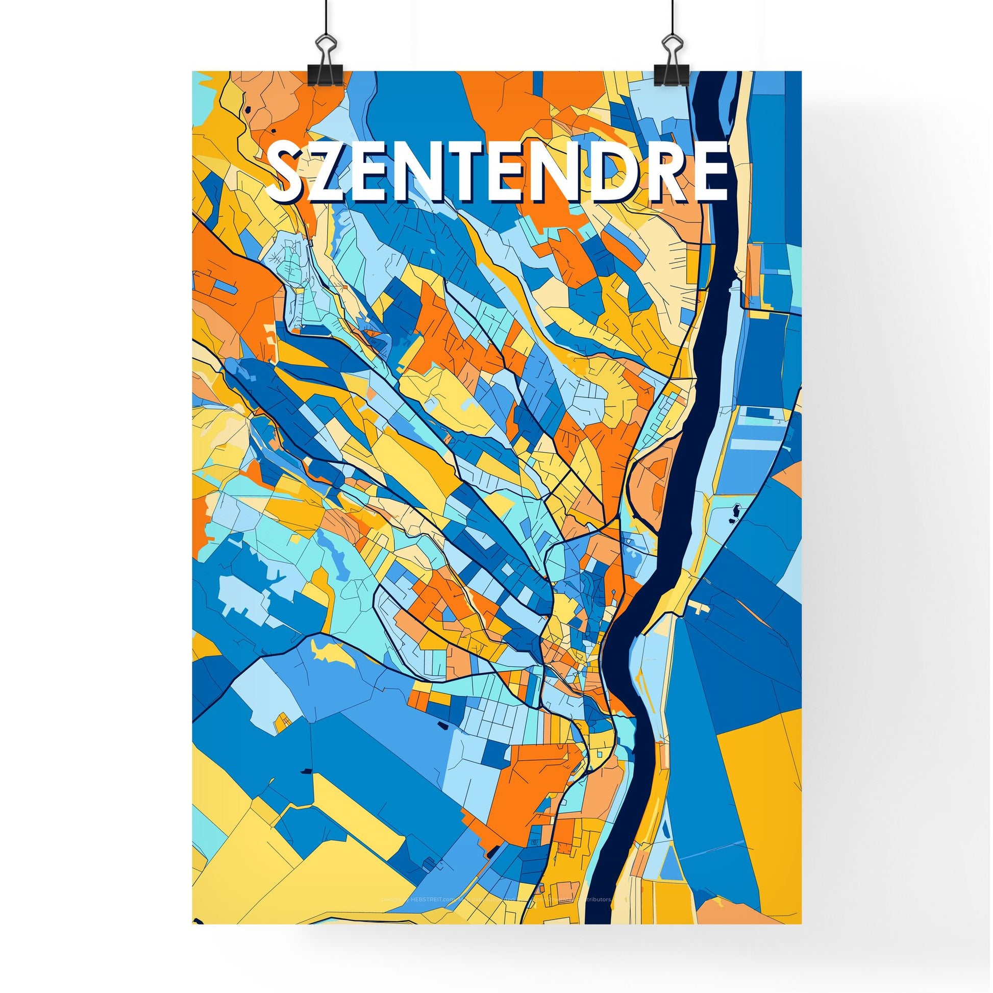 SZENTENDRE HUNGARY Vibrant Colorful Art Map Poster Blue Orange