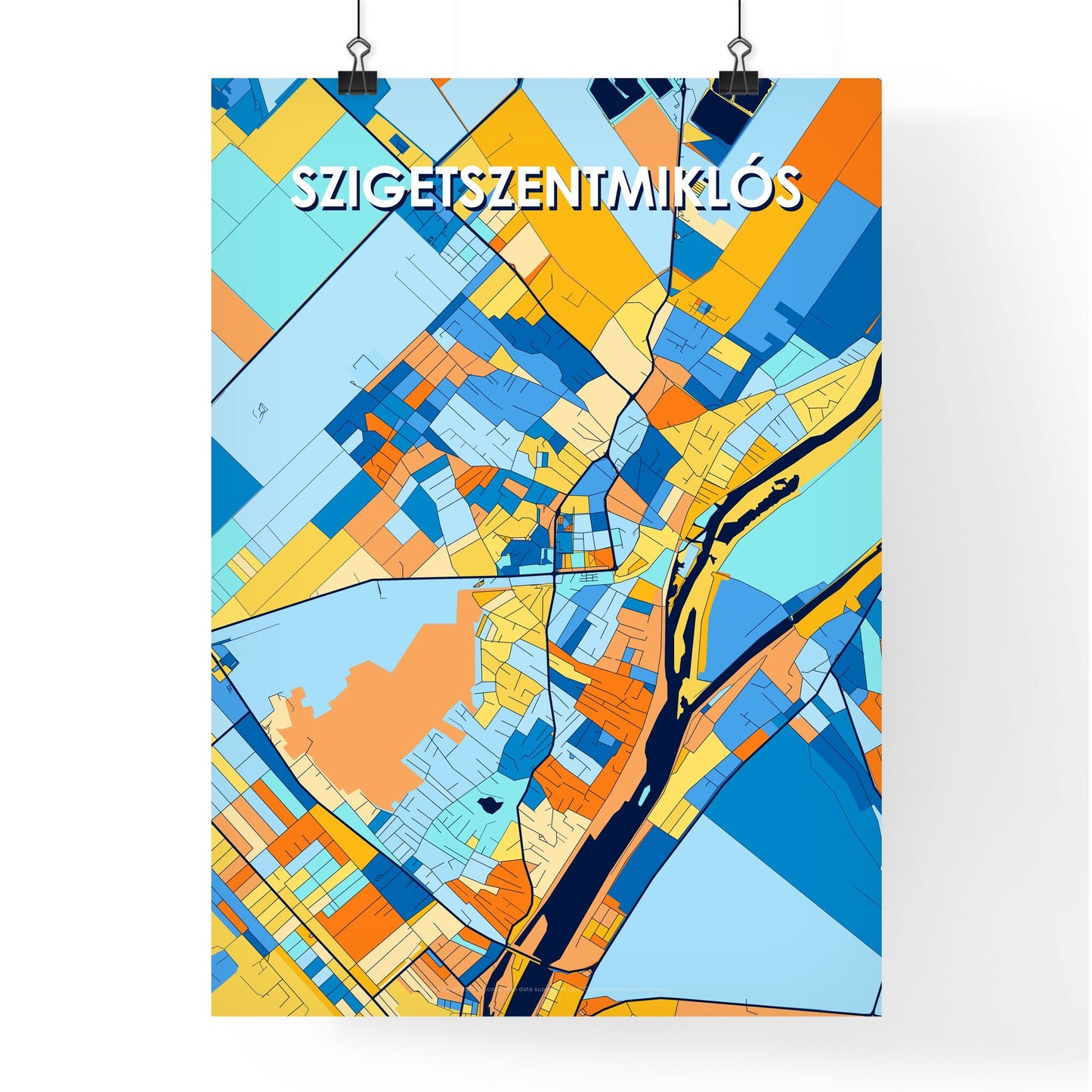 SZIGETSZENTMIKLÓS HUNGARY Vibrant Colorful Art Map Poster Blue Orange