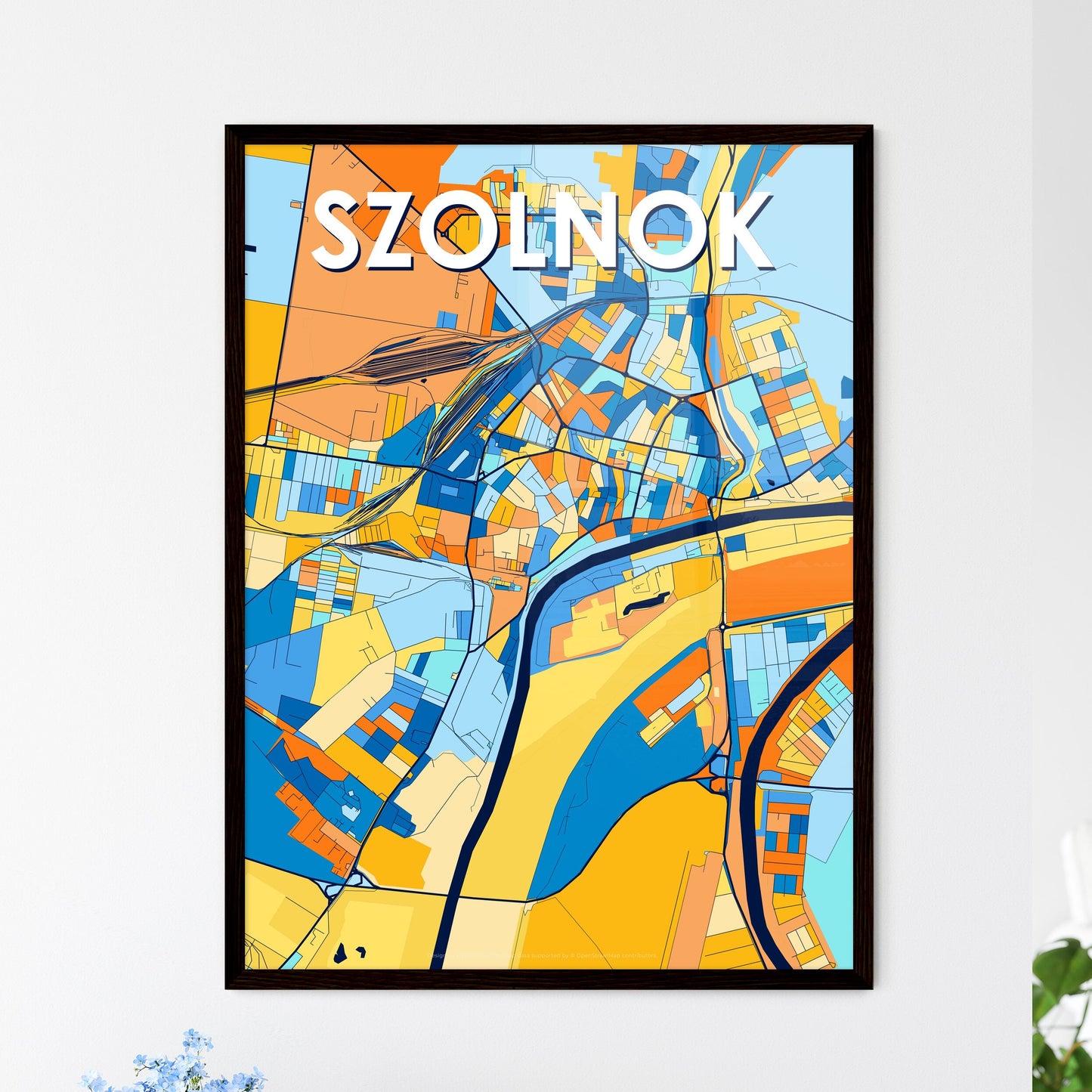 SZOLNOK HUNGARY Vibrant Colorful Art Map Poster Blue Orange