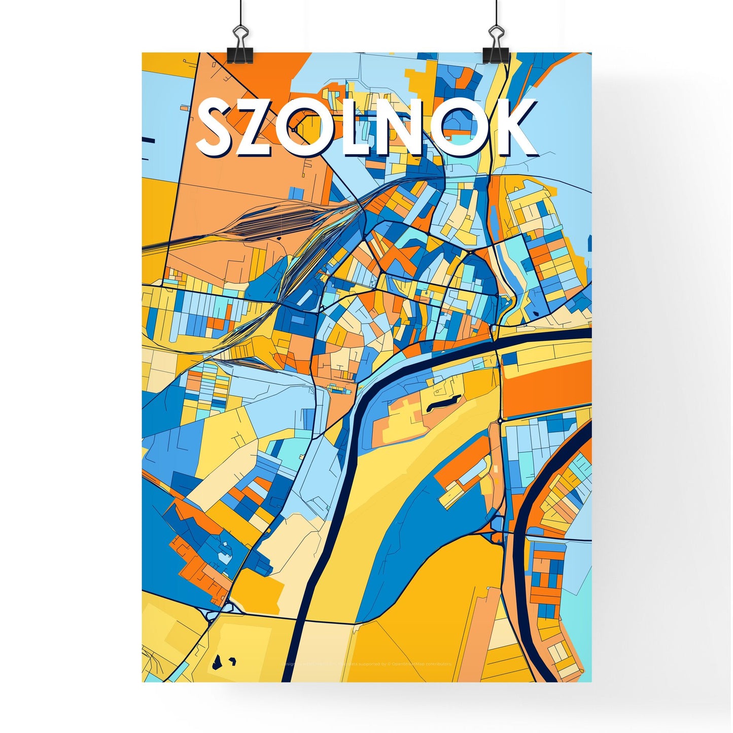 SZOLNOK HUNGARY Vibrant Colorful Art Map Poster Blue Orange