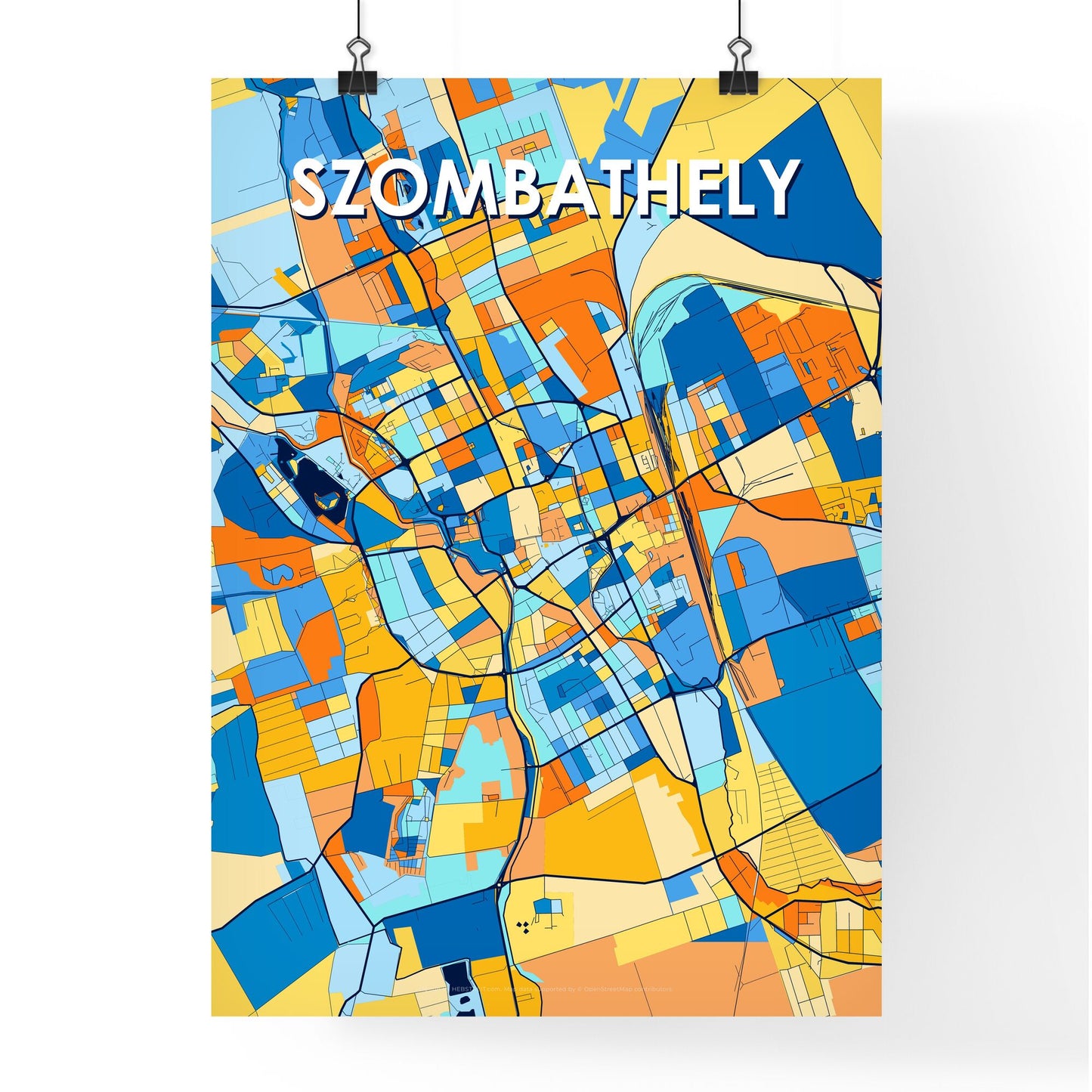 SZOMBATHELY HUNGARY Vibrant Colorful Art Map Poster Blue Orange