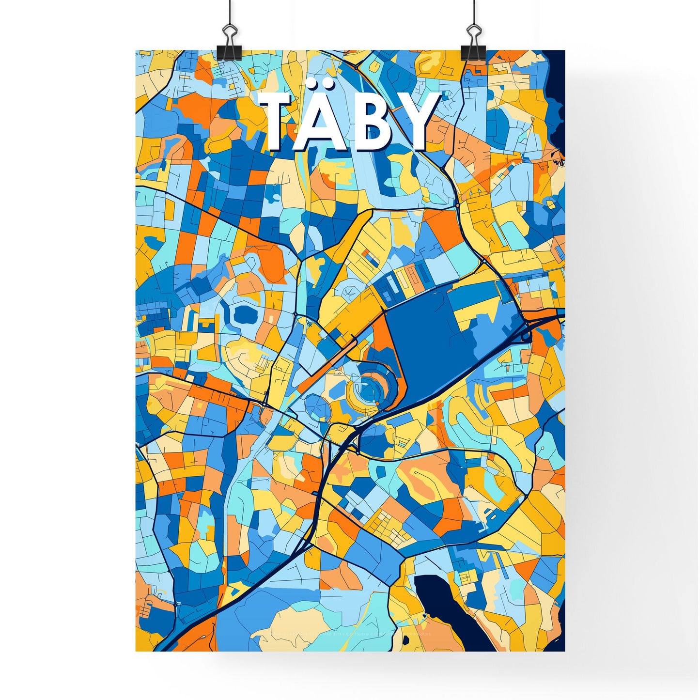 TÄBY SWEDEN Vibrant Colorful Art Map Poster Blue Orange