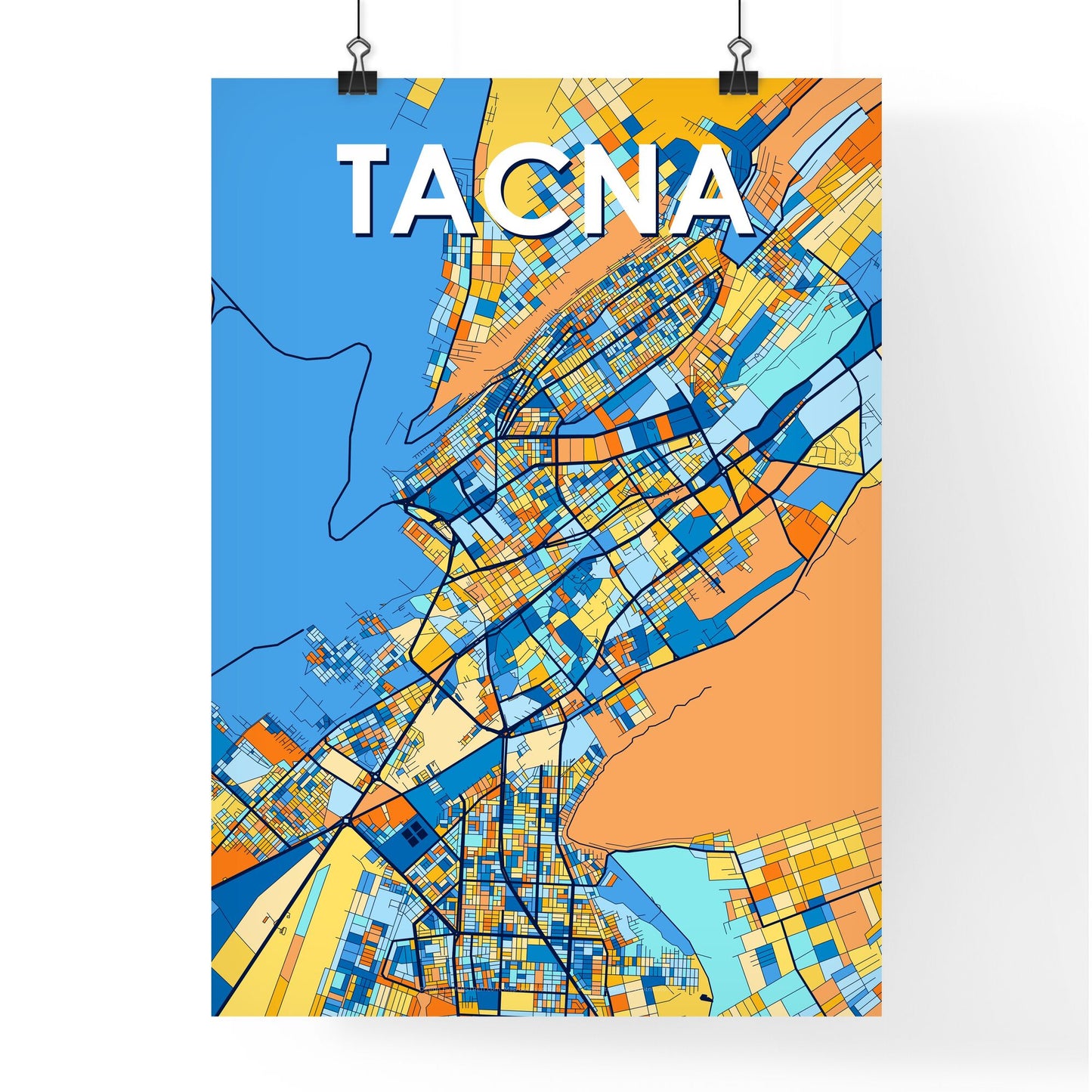 TACNA PERU Vibrant Colorful Art Map Poster Blue Orange