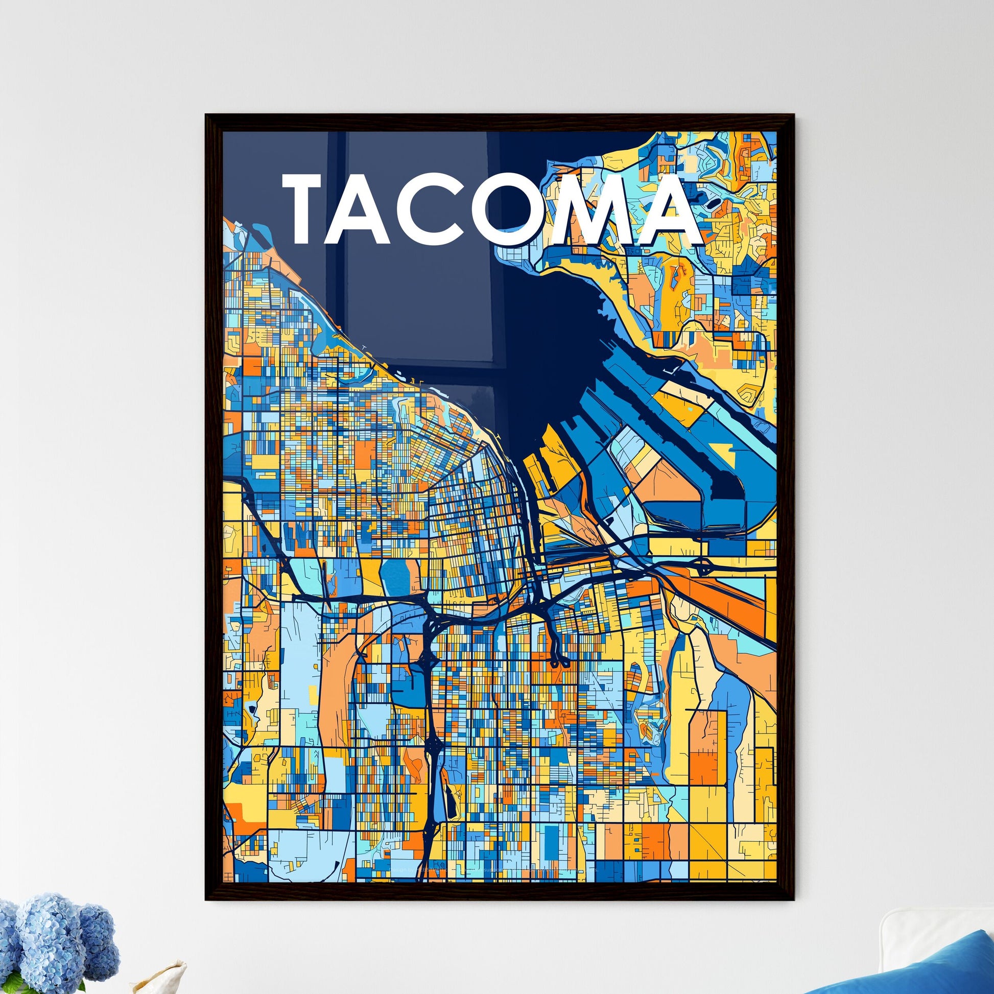 TACOMA WASHINGTON Vibrant Colorful Art Map Poster Blue Orange