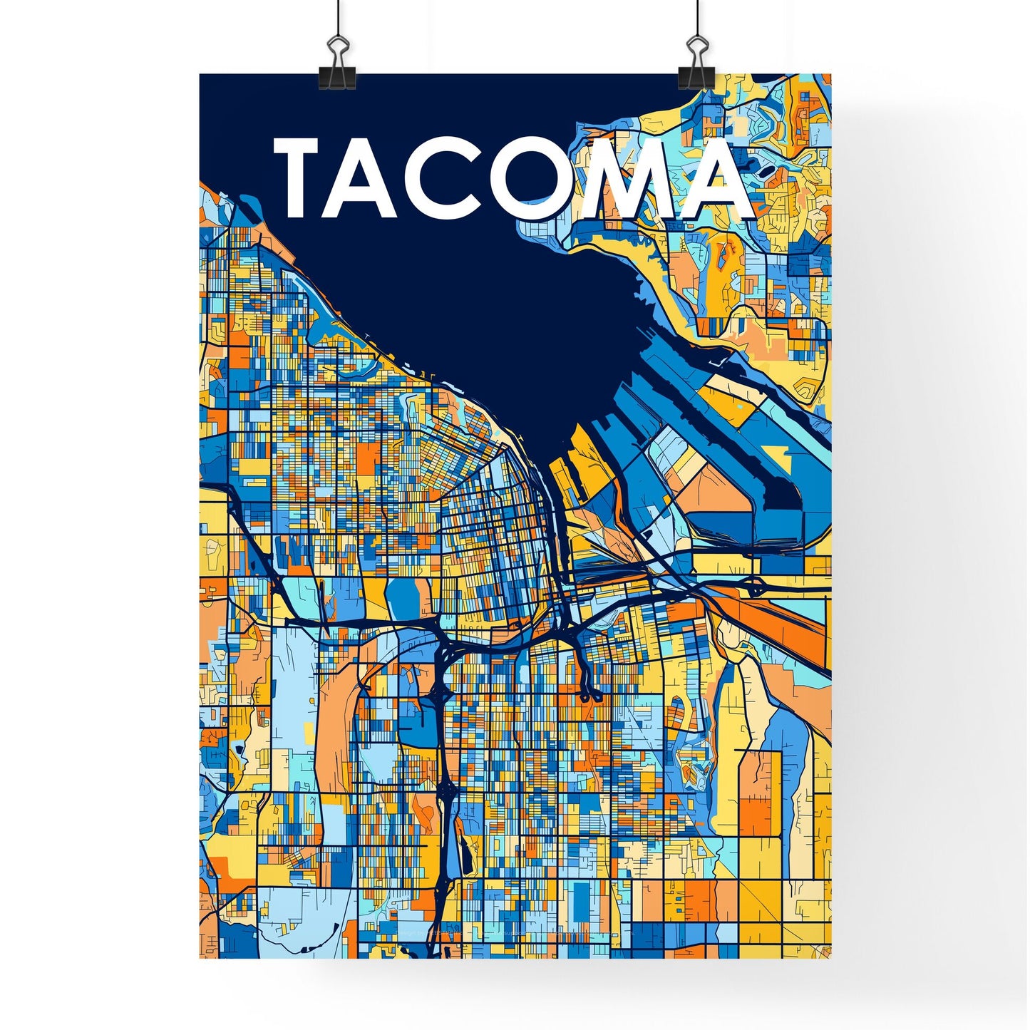 TACOMA WASHINGTON Vibrant Colorful Art Map Poster Blue Orange