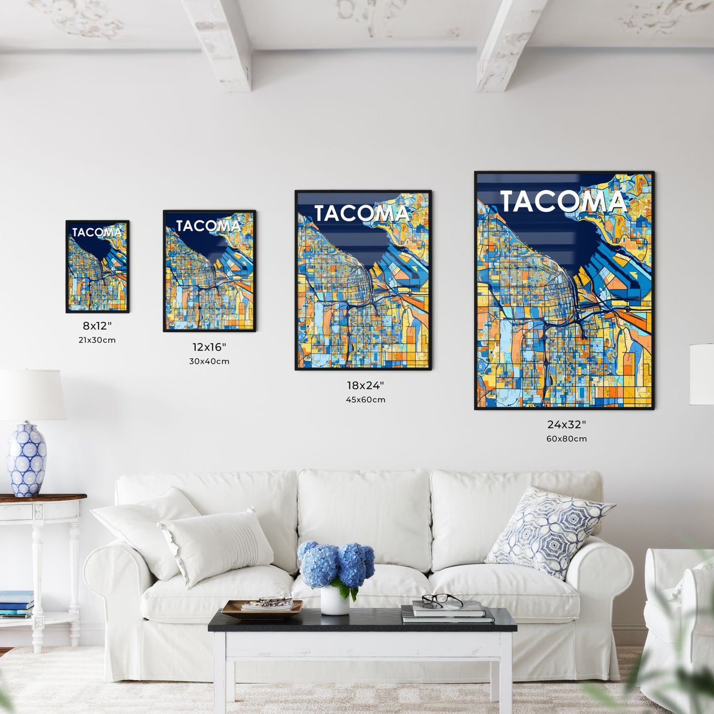 TACOMA WASHINGTON Vibrant Colorful Art Map Poster Blue Orange