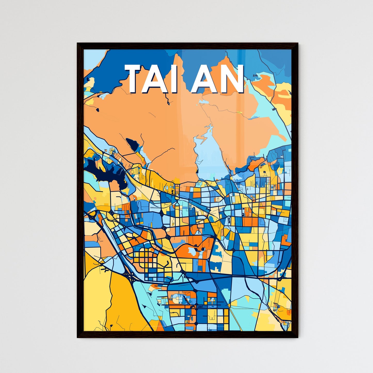 TAI AN CHINA Vibrant Colorful Art Map Poster Blue Orange