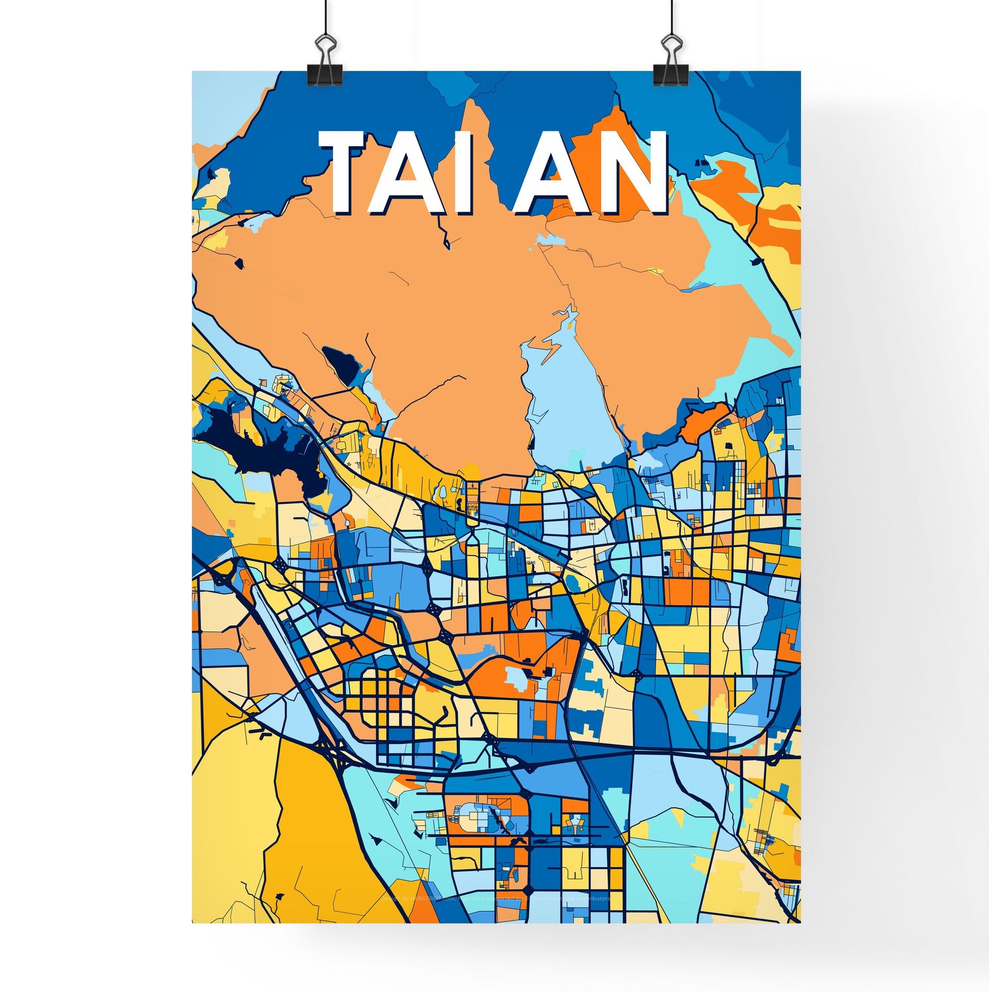 TAI AN CHINA Vibrant Colorful Art Map Poster Blue Orange