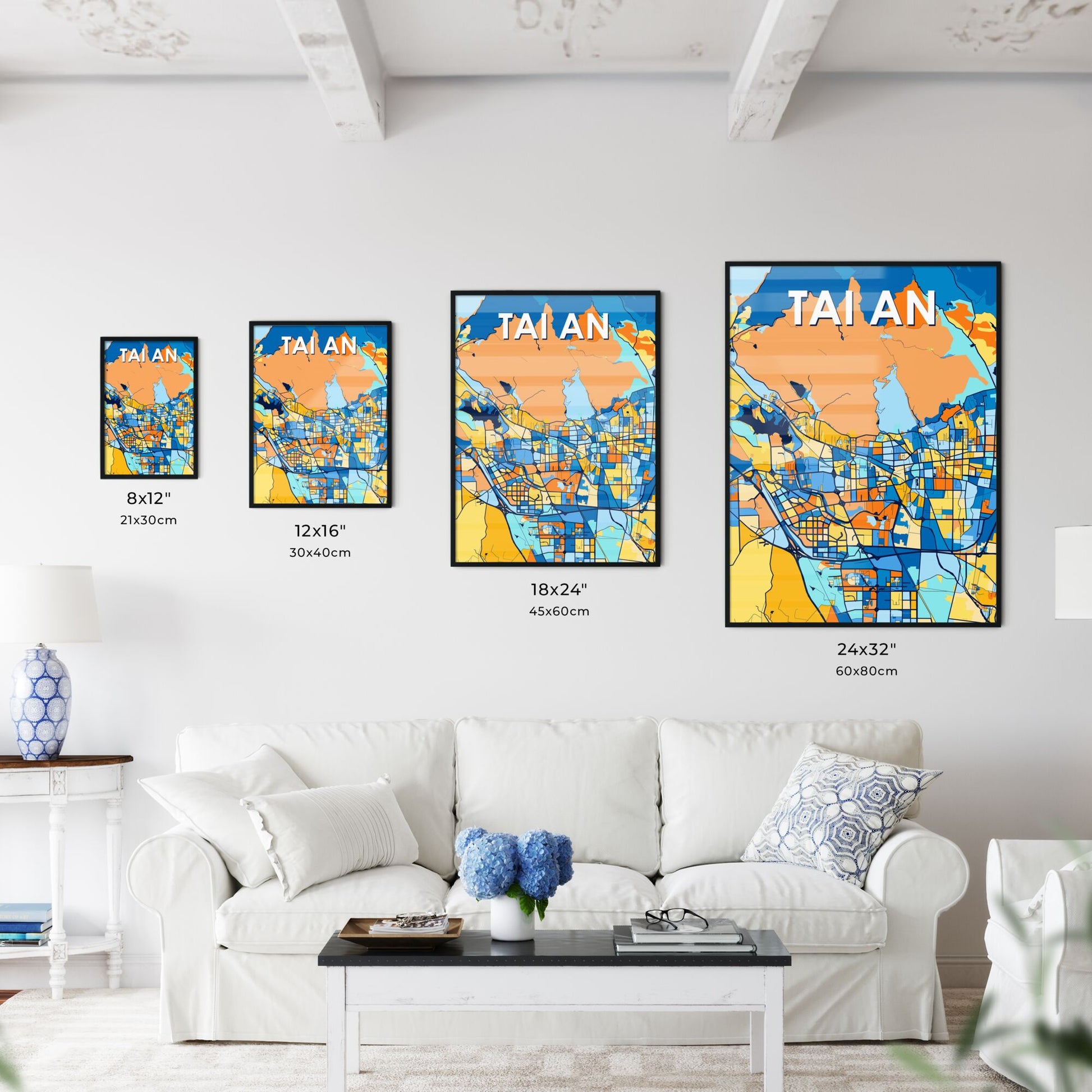 TAI AN CHINA Vibrant Colorful Art Map Poster Blue Orange