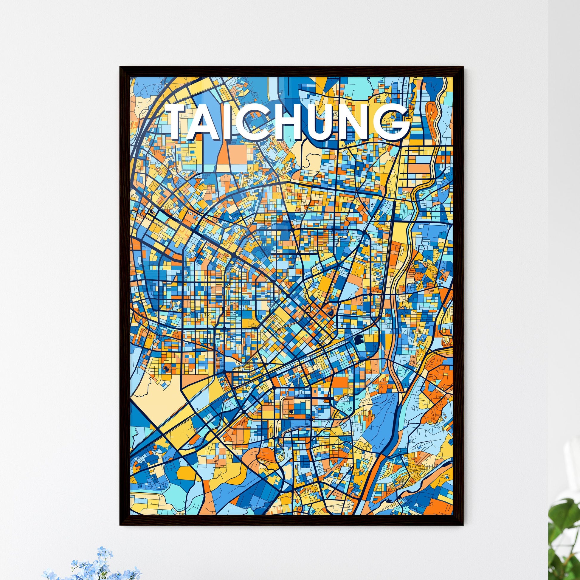 TAICHUNG TAIWAN Vibrant Colorful Art Map Poster Blue Orange