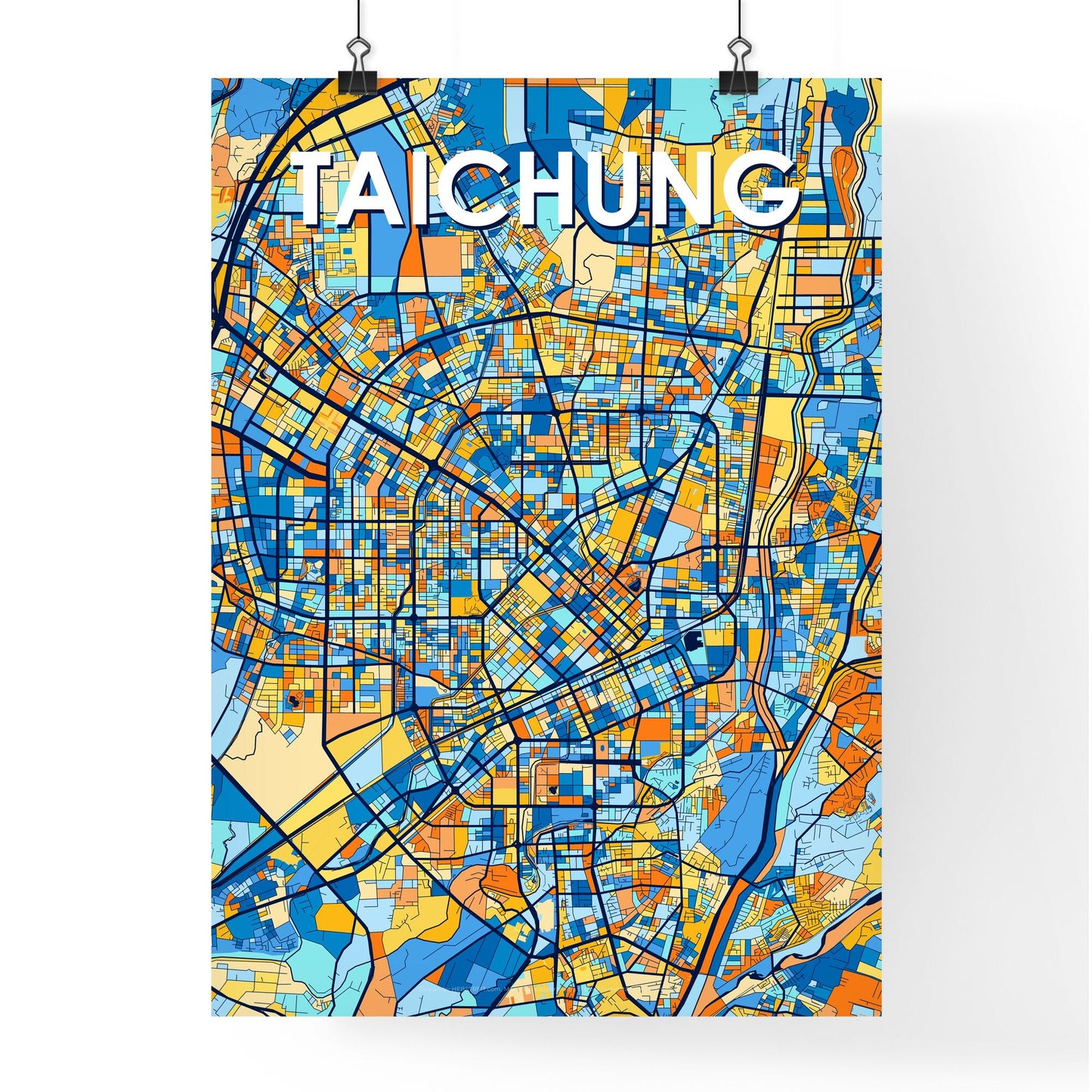 TAICHUNG TAIWAN Vibrant Colorful Art Map Poster Blue Orange