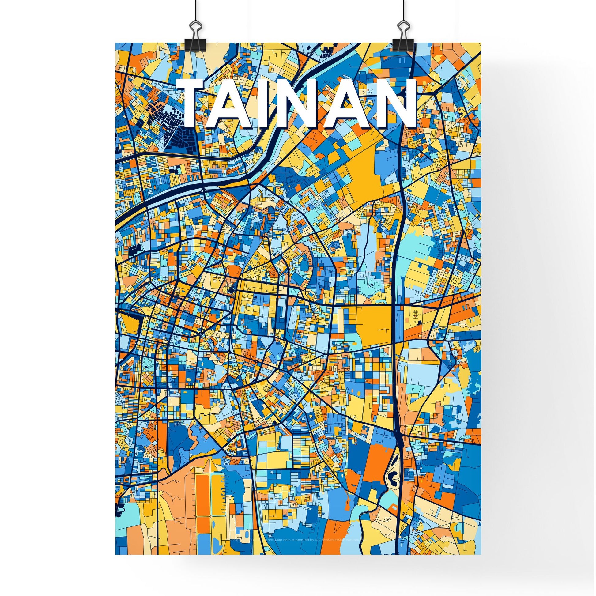 TAINAN TAIWAN Vibrant Colorful Art Map Poster Blue Orange