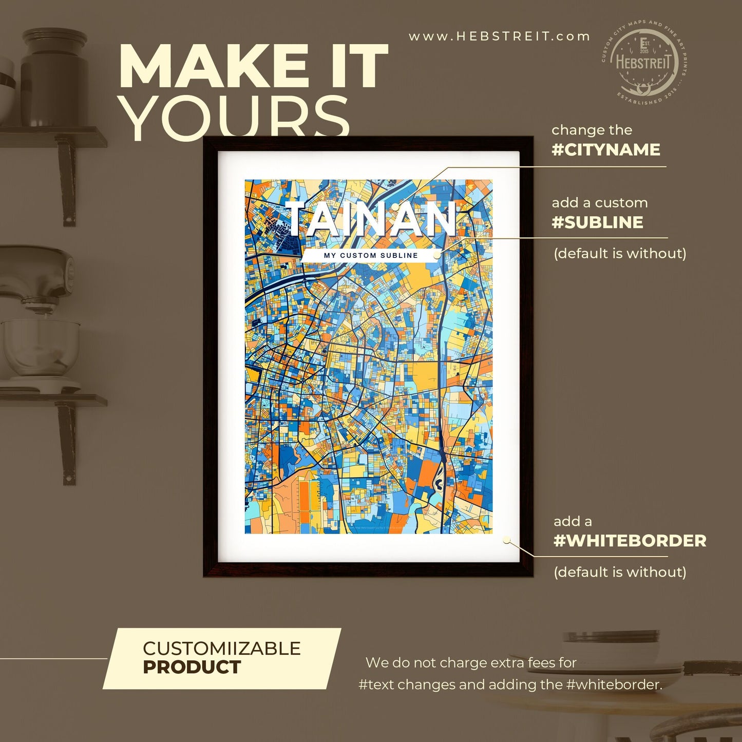 TAINAN TAIWAN Vibrant Colorful Art Map Poster Blue Orange