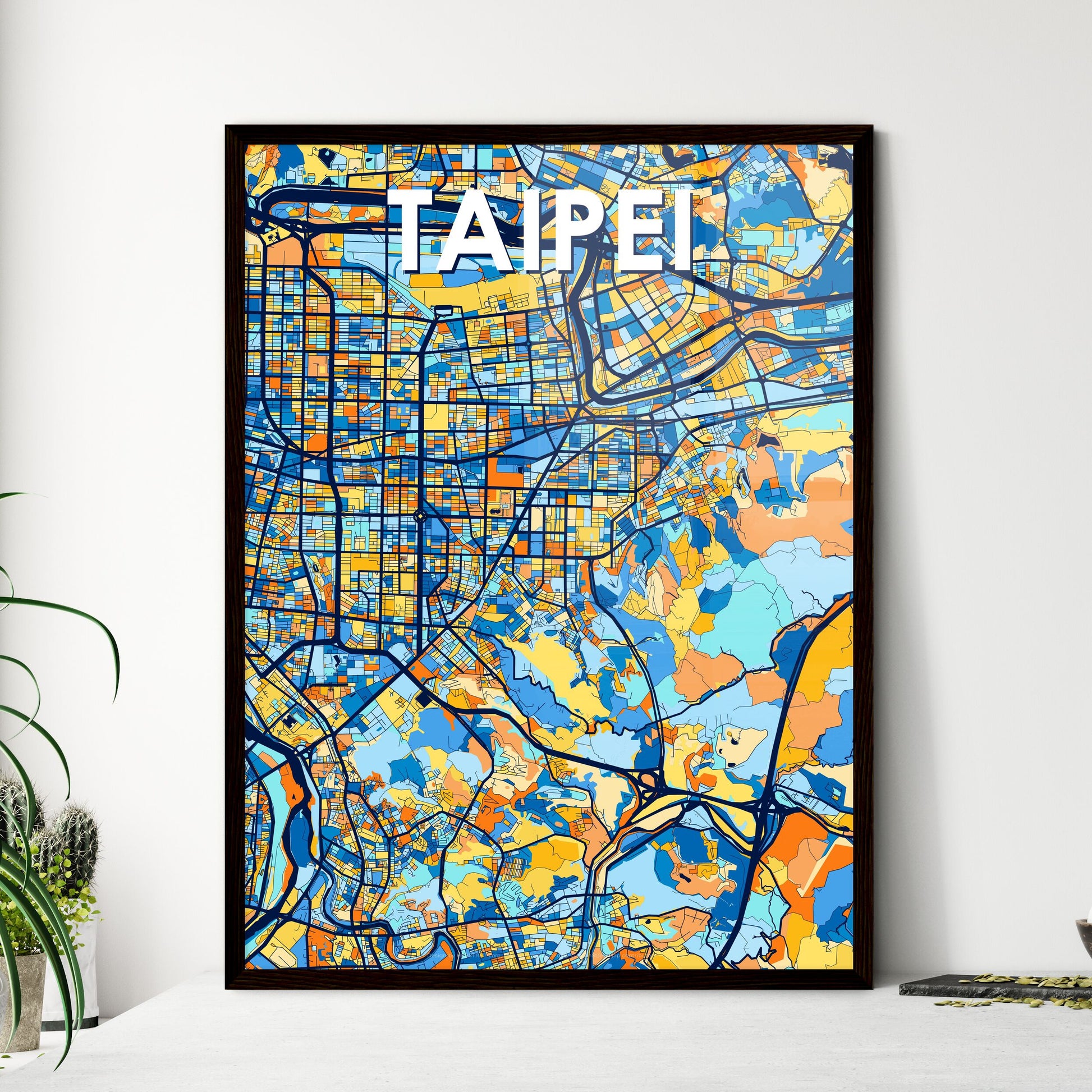 TAIPEI TAIWAN Vibrant Colorful Art Map Poster Blue Orange