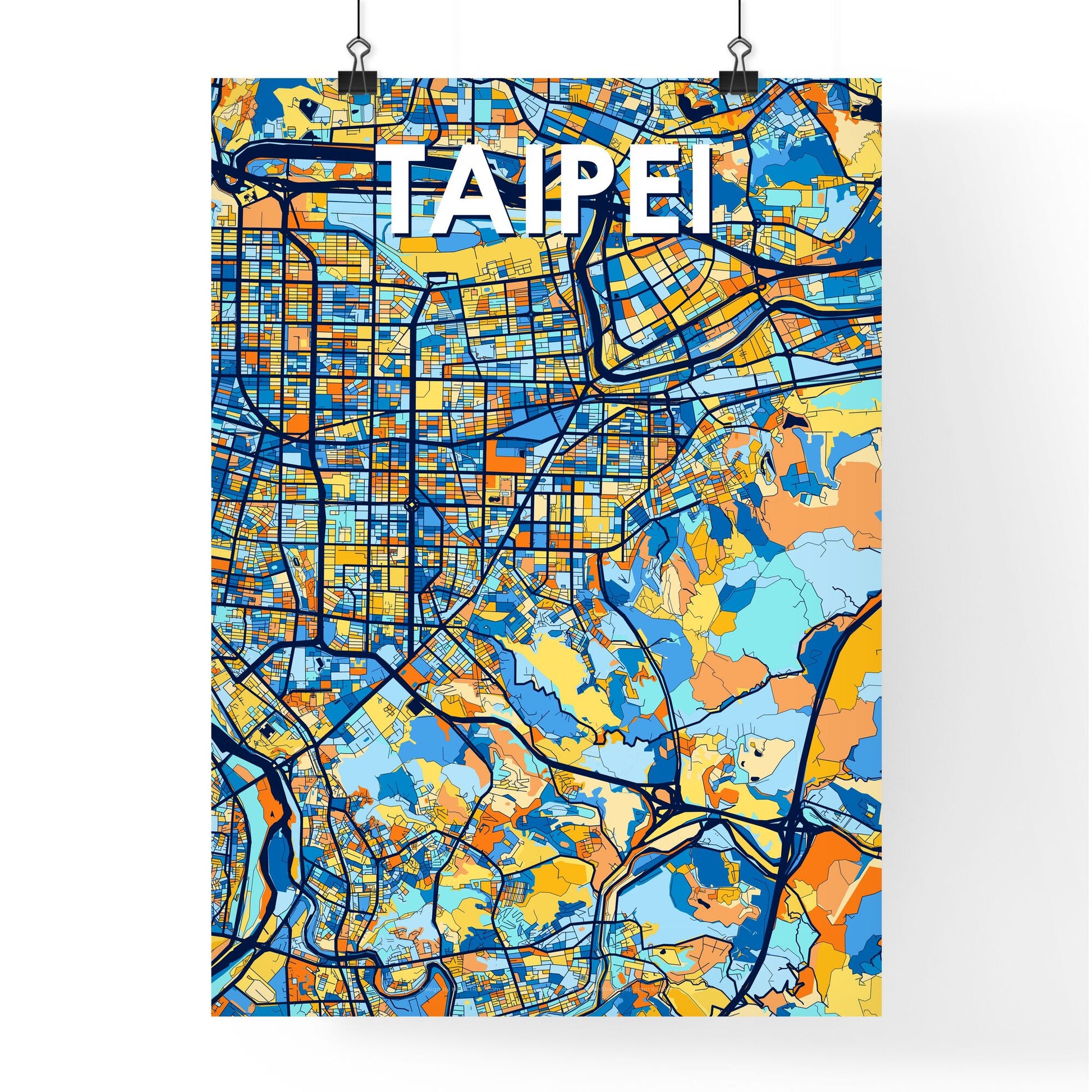 TAIPEI TAIWAN Vibrant Colorful Art Map Poster Blue Orange
