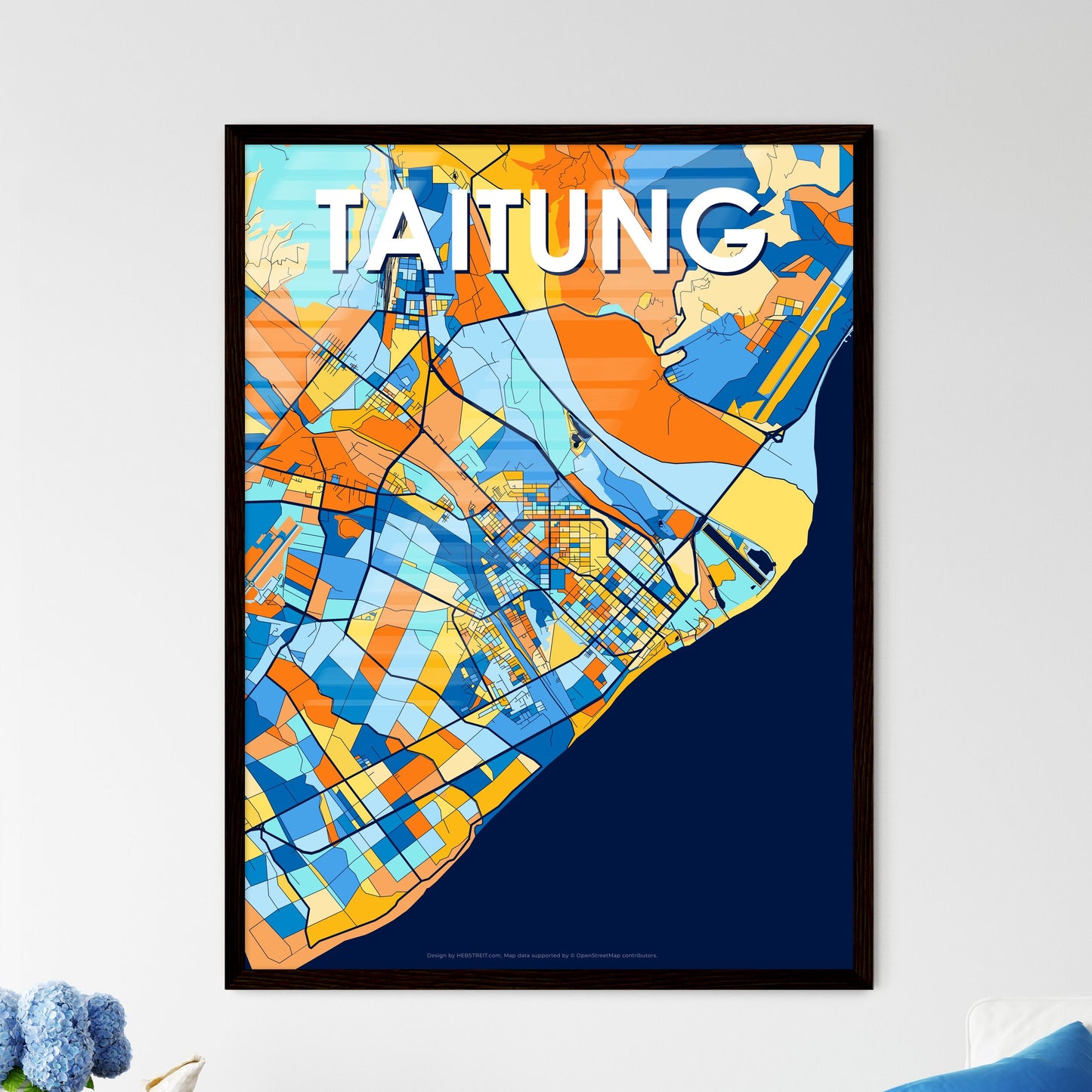 TAITUNG TAIWAN Vibrant Colorful Art Map Poster Blue Orange